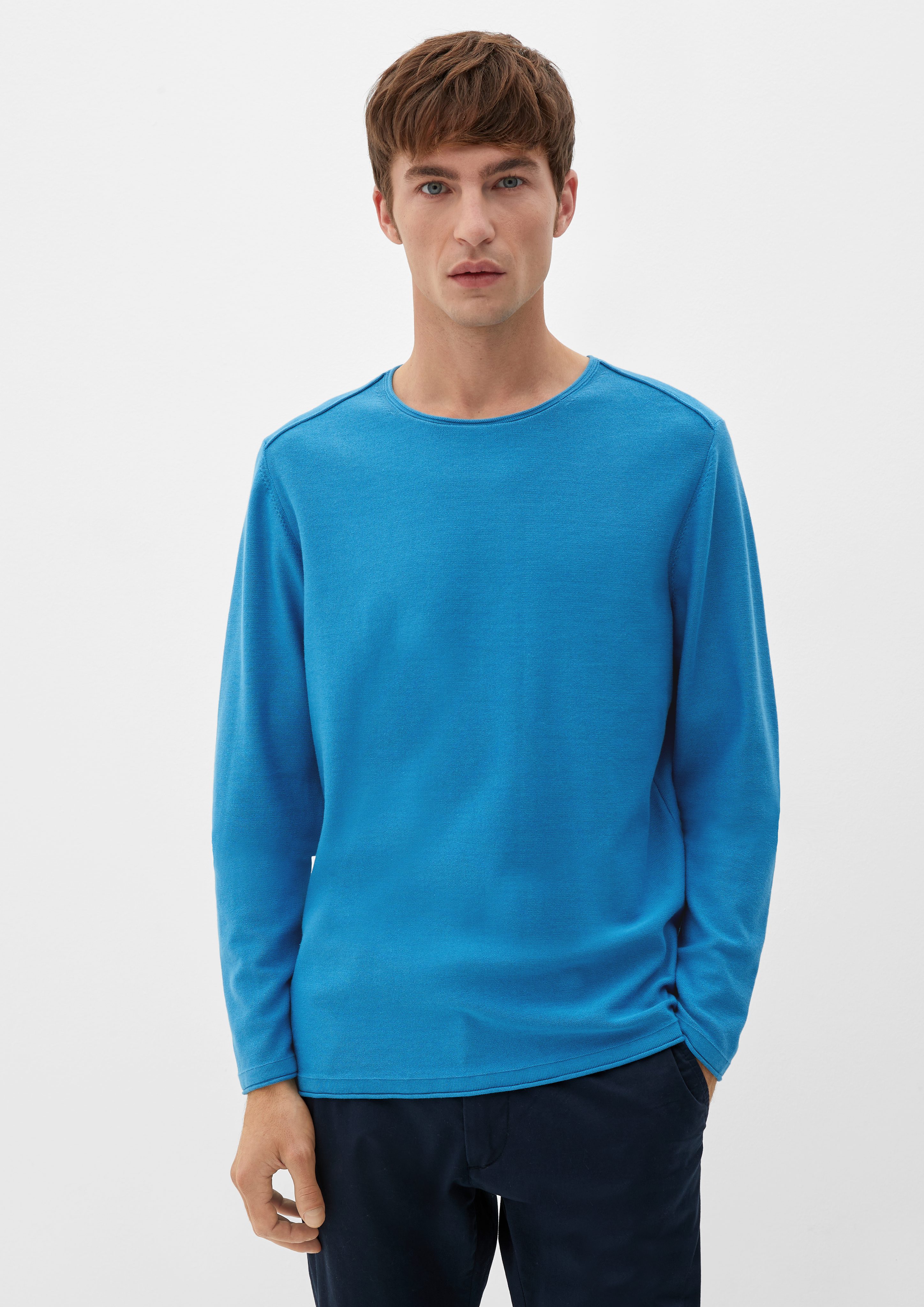 türkisblau Rollsaumblende Logo Pullover mit s.Oliver Strickpullover