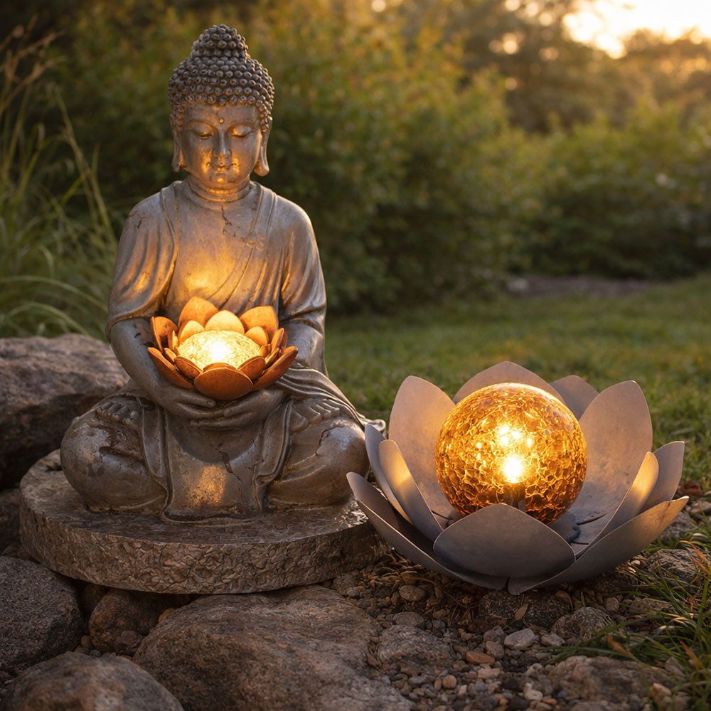GLOBO LIGHTING LED Solarleuchte, LED-Leuchtmittel fest verbaut, Warmweiß, Solarleuchte Buddha Feng Shui Außen Solarblume Aussen Lotusblume Solar