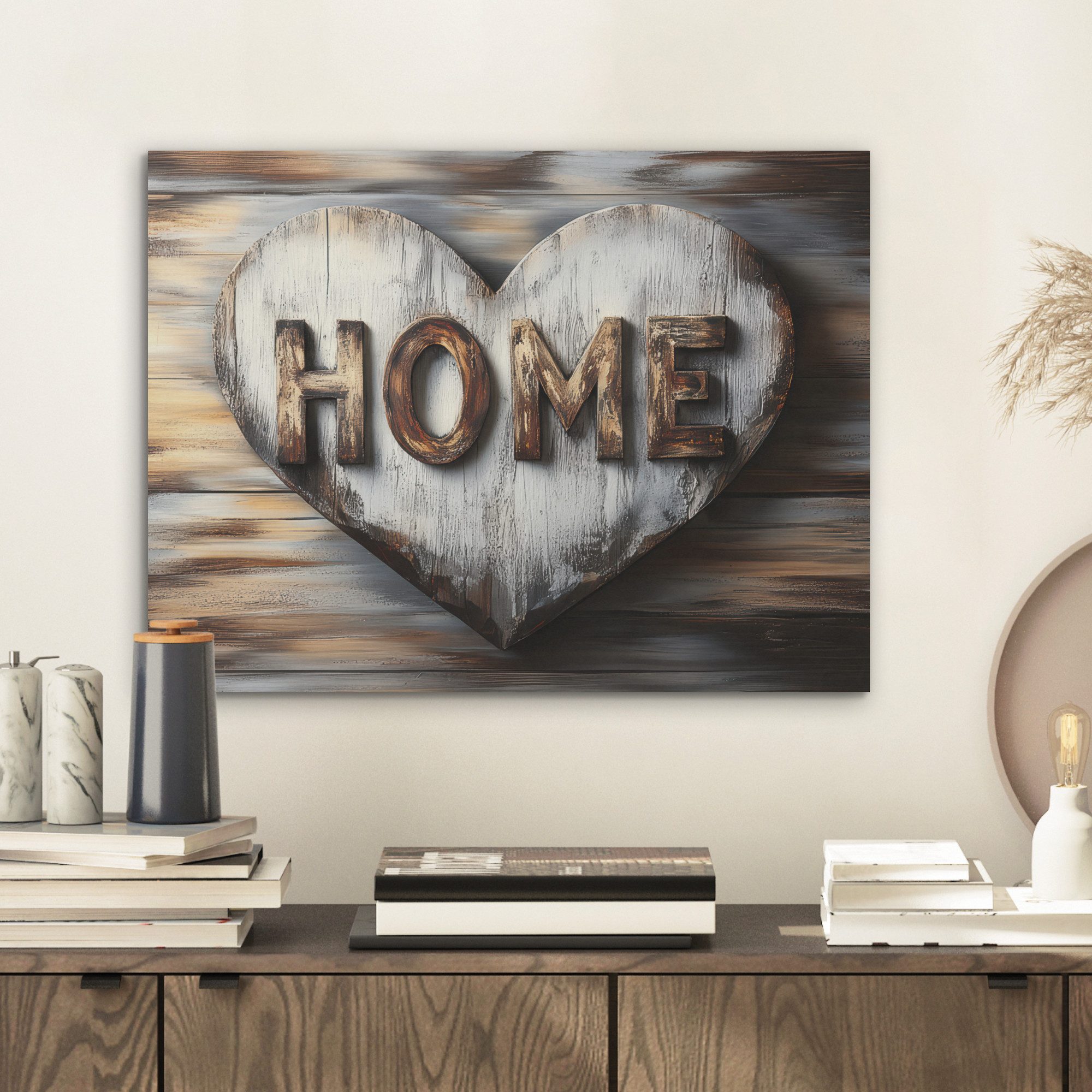 MuchoWow Gemälde Zuhause - Herz - Holzoptik - Liebe, Fotodruck (1 St), Akus günstig online kaufen