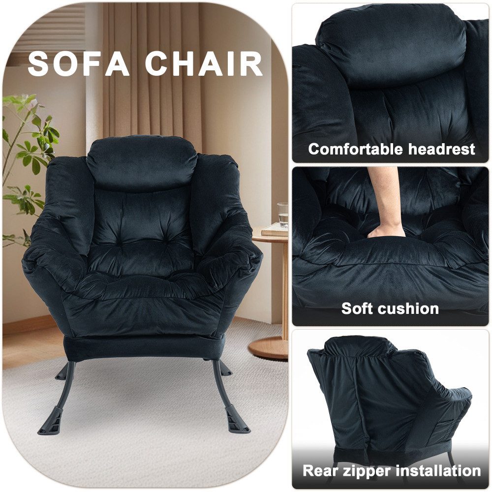 BBG Relaxsessel Lazy Chair Relaxsessel mit Metallgestell & Seitentasche, Bequemer Polstersessel mit Samtbezug, Loungesessel