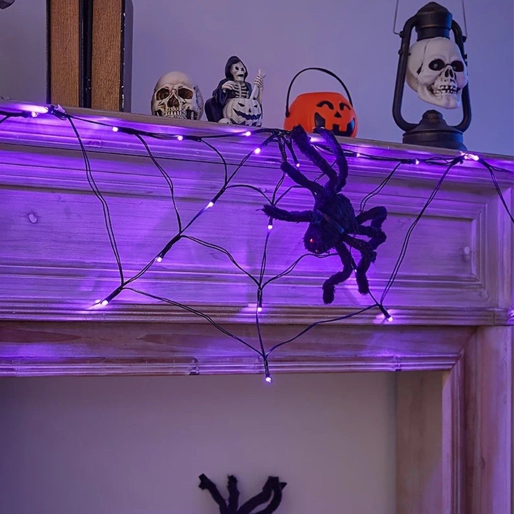 QUBEBU LED-Lichternetz Halloween Dekorationen Lichter, Spinnennetz Lichterkette, 8 Lichtmodi, Batteriebetrieben, Lila, Orange, 1.8M Durchmesser Lichter, Wasserdicht