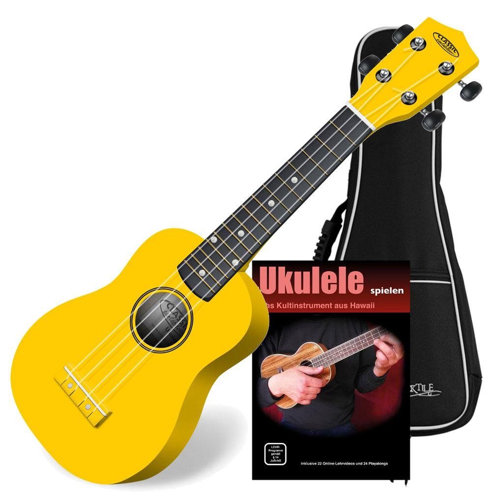Classic Cantabile Ukulele Sopranukulele (Ukulele, Uke, 15 Bünde, leichtgängige Gitarrenmechanik), Komplett Set, Set inkl. Gigbag und Ukulelen-Schule