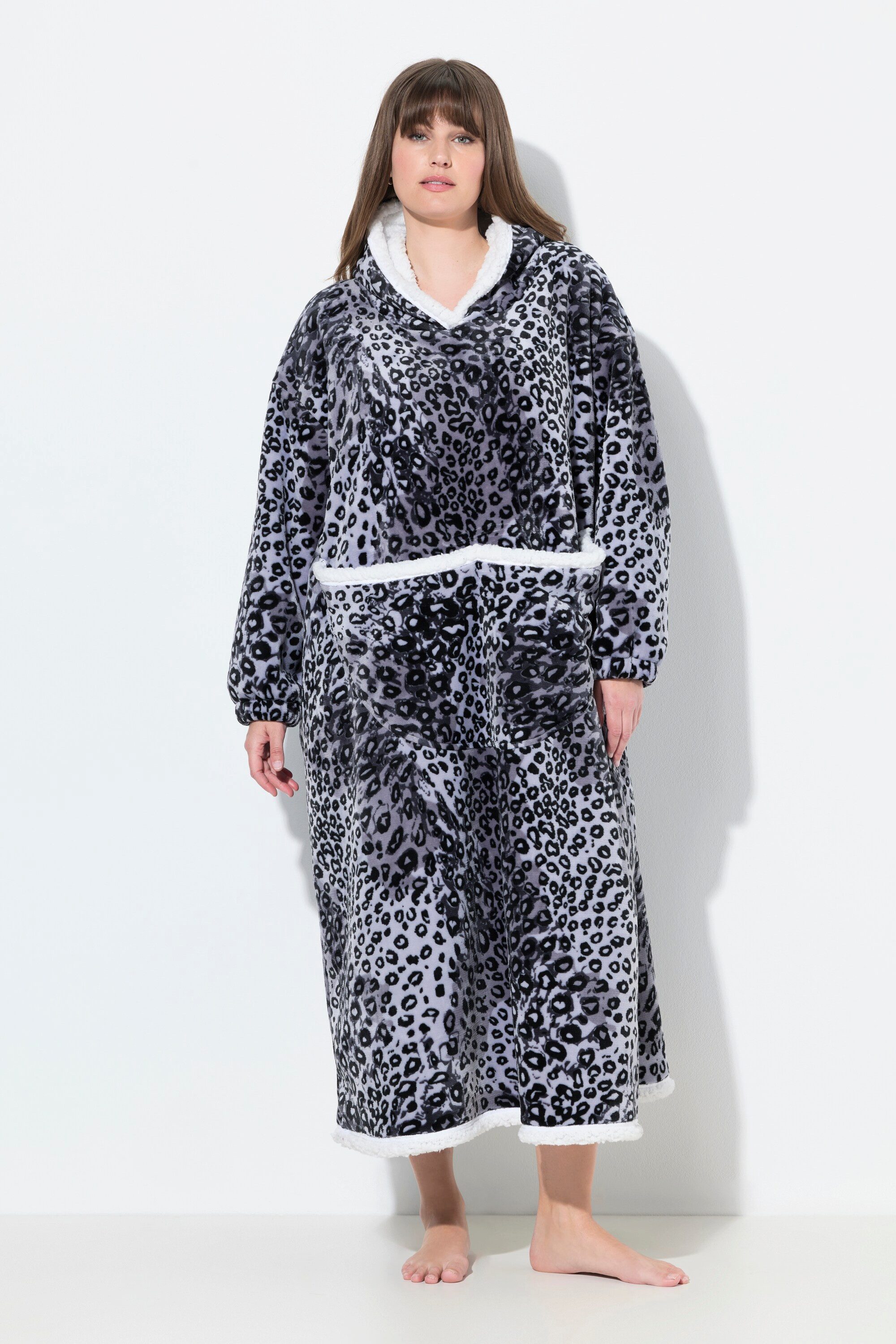 Ulla Popken Sweatjacke Loungewear-Poncho Leomuster Kapuze Langarm Tasche günstig online kaufen