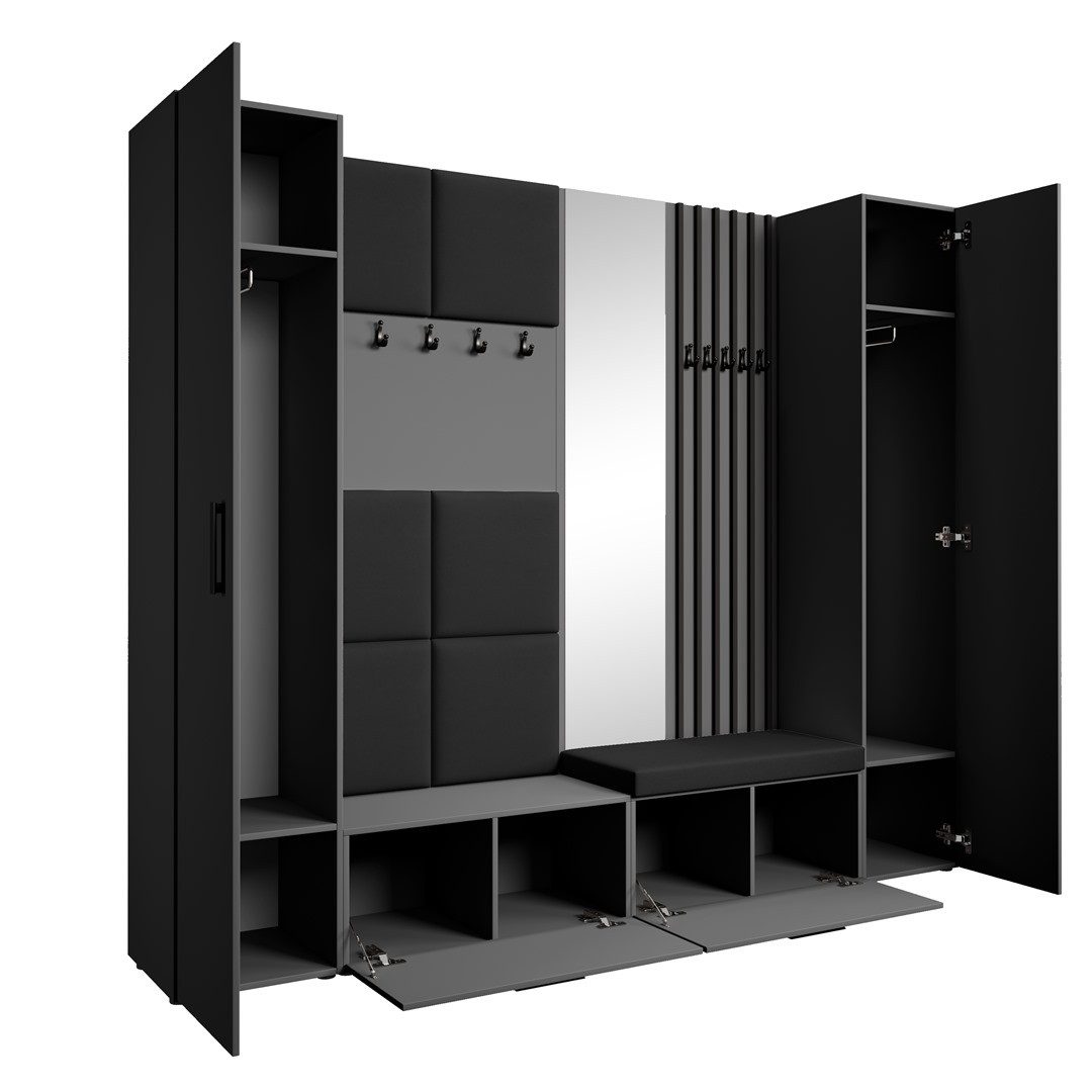 Beautysofa Garderobenschrank mit gepolsterten Paneelen und Spiegel MARGARET XL (zwei praktische Schuhschränke und zwei komfortable Kleiderschränke mit Kleiderstangen) mit dekorative Lamellen und praktischen Kleiderhaken