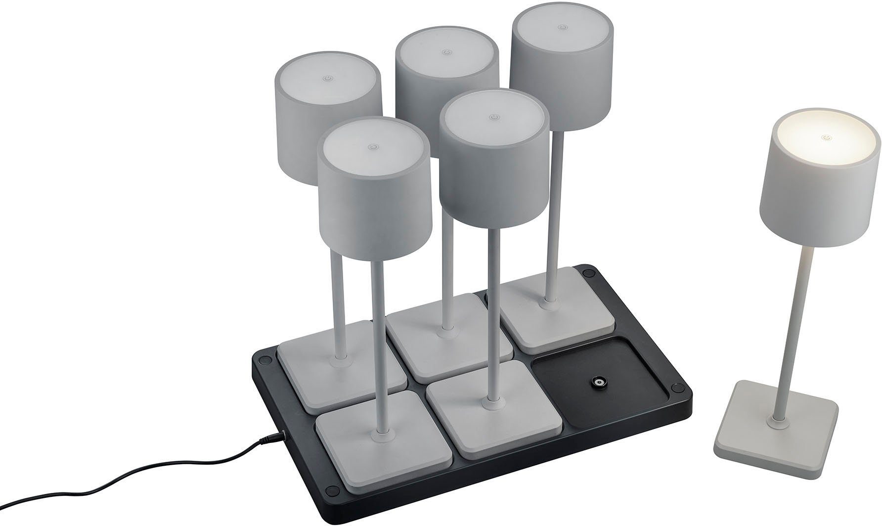 Reality Leuchten LED Außen-Tischleuchte Fernandez, Dimmfunktion, USB-Ladefunktion, LED fest integriert, Farbwechsler, warmweiß - kaltweiß, Set 6-teilig inkl Induktion-Ladestation Garten Akku Tischlampe dimmbar