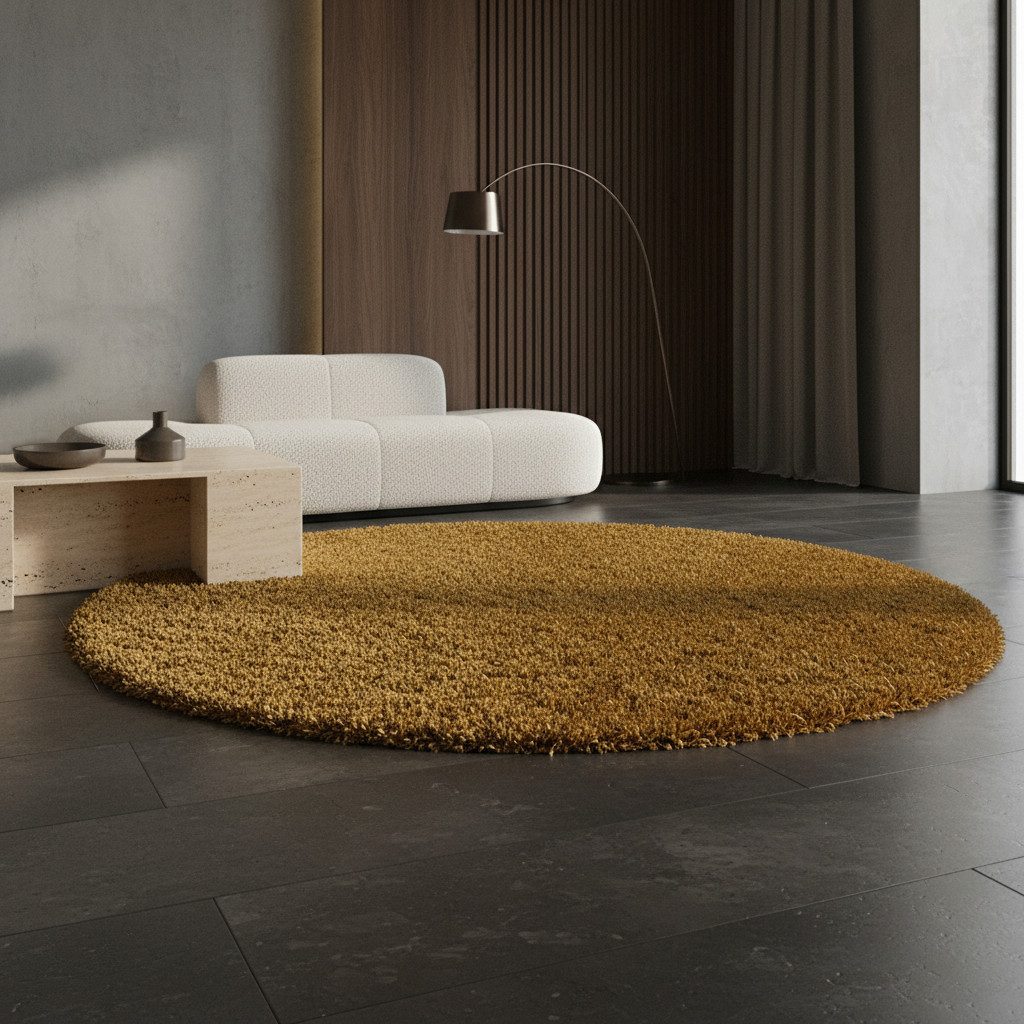 KADIMA DESIGN Teppich SPREE Shaggy Langflor Wohnzimmer Schlafzimmer Waschbar Flauschig, Rund, Höhe: 32 mm, Gold, 80x80 cm, Wohnzimmerteppich Strapazierfähig Waschbar