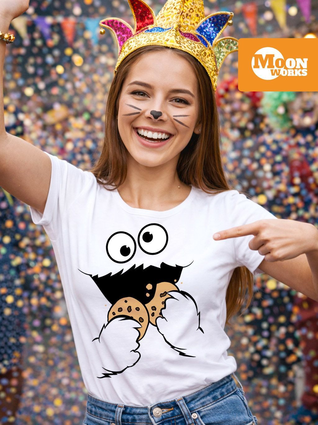 MoonWorks Print-Shirt Damen T-Shirt Krümelmonster Cookie Monster Fasching Karneval Kostüm mit Print