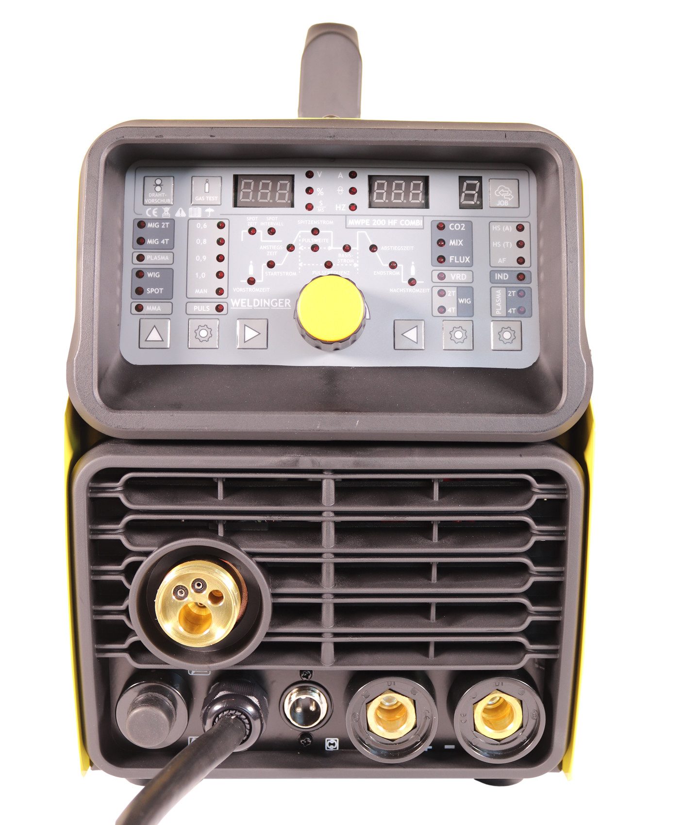WELDINGER Schutzgasschweißgerät Multiprozess-Schweißinverter MWPE 200 HF Combi MIG/MAG WIG Plasma MMA, 25 - 200 A, 7-tlg., HF, Jobspeicher, kompletter Brennersatz, WIG-Parameter regelbar