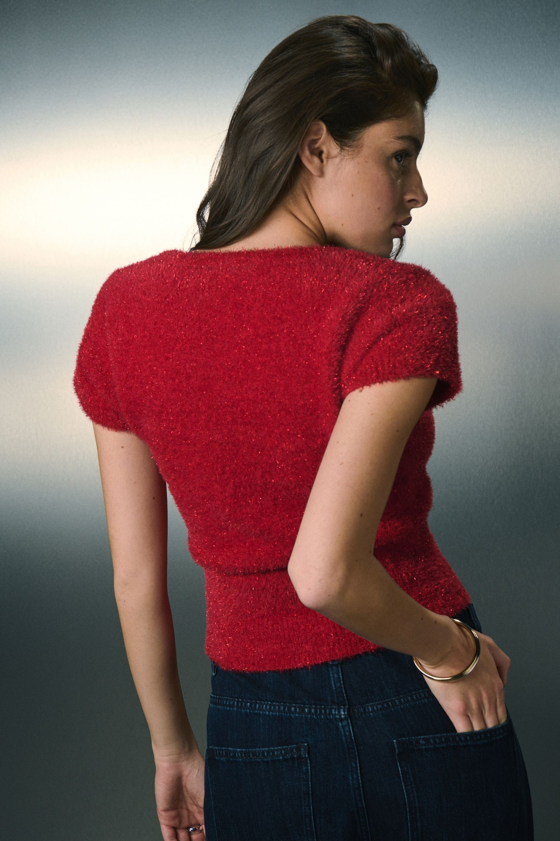 Next Strickpullover Funkelndes T-Shirt mit U-Ausschnitt (1-tlg)