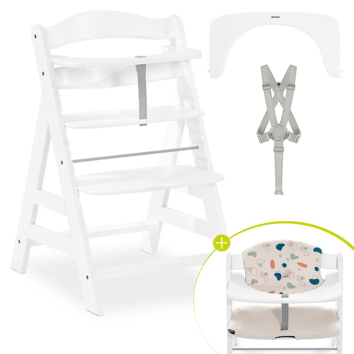 Hauck Hochstuhl Alpha Plus White, Mitwachsender Holz Kinderhochstuhl verstellbar mit Sitzauflage & Gurt