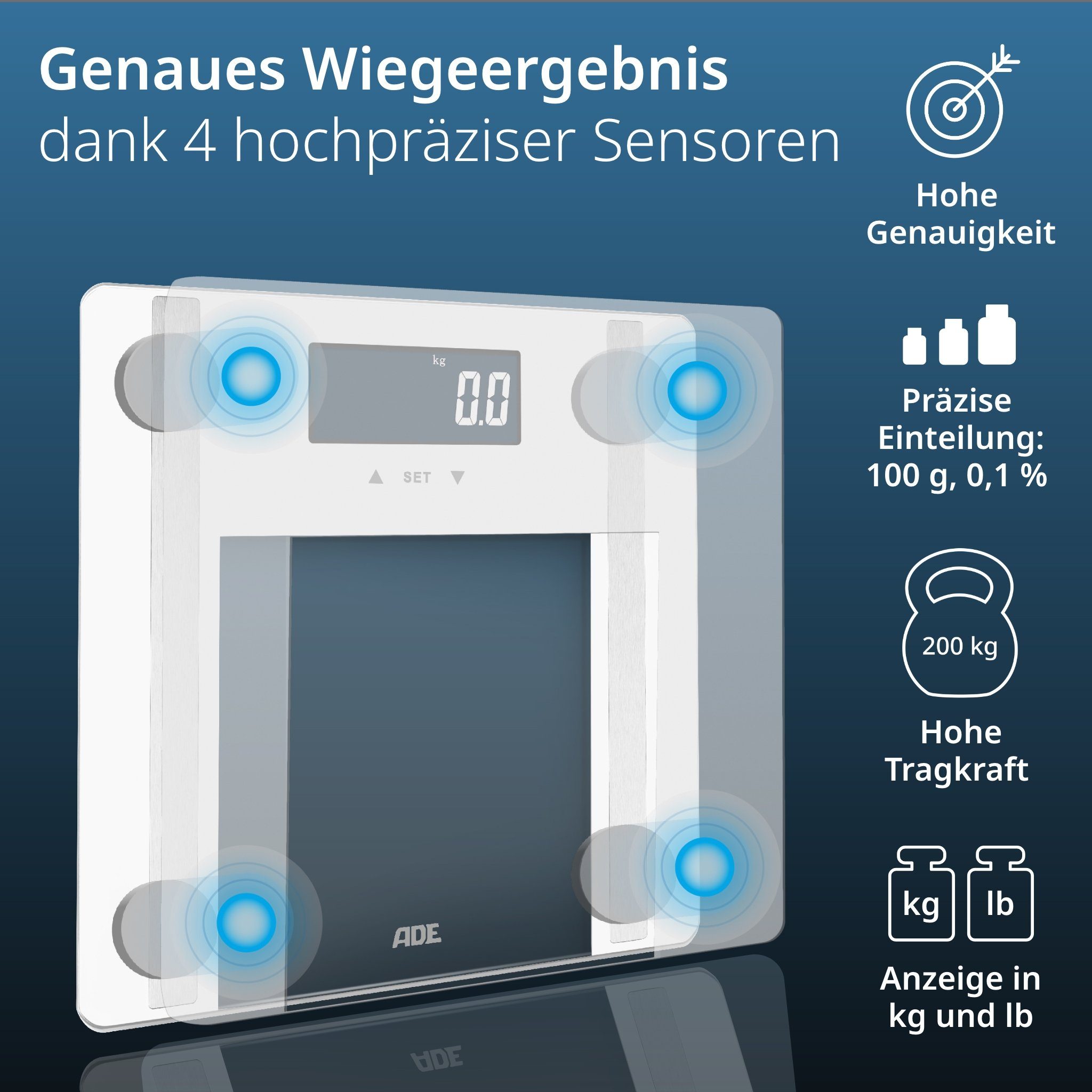 ADE Körper-Analyse-Waage Personenwaage digital Körperfettwaage Ines bis 200 kg, Körperwaage mit Körperfettanalyse, Testsieger Stiftung Warentest