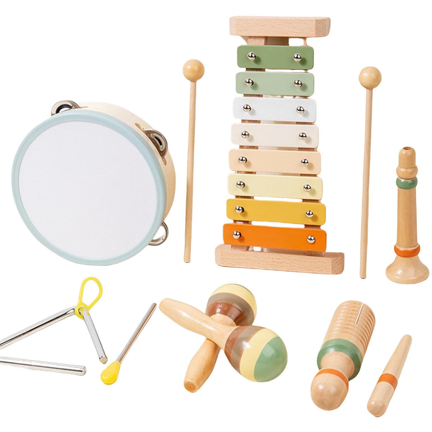 OKWISH Spielzeug-Musikinstrument 6er Kinderpercussion Starter-Set Rhythmusinstrumente, (Holz Музыкальные игрушки Orff-Instrumente Set, 6 tlg., Xylophon Triangel mit Stöpsel Маракасы Tamburin Тонвудс Klarinette), für Kleinkinder Jungen Mädchen ab 3 jahre