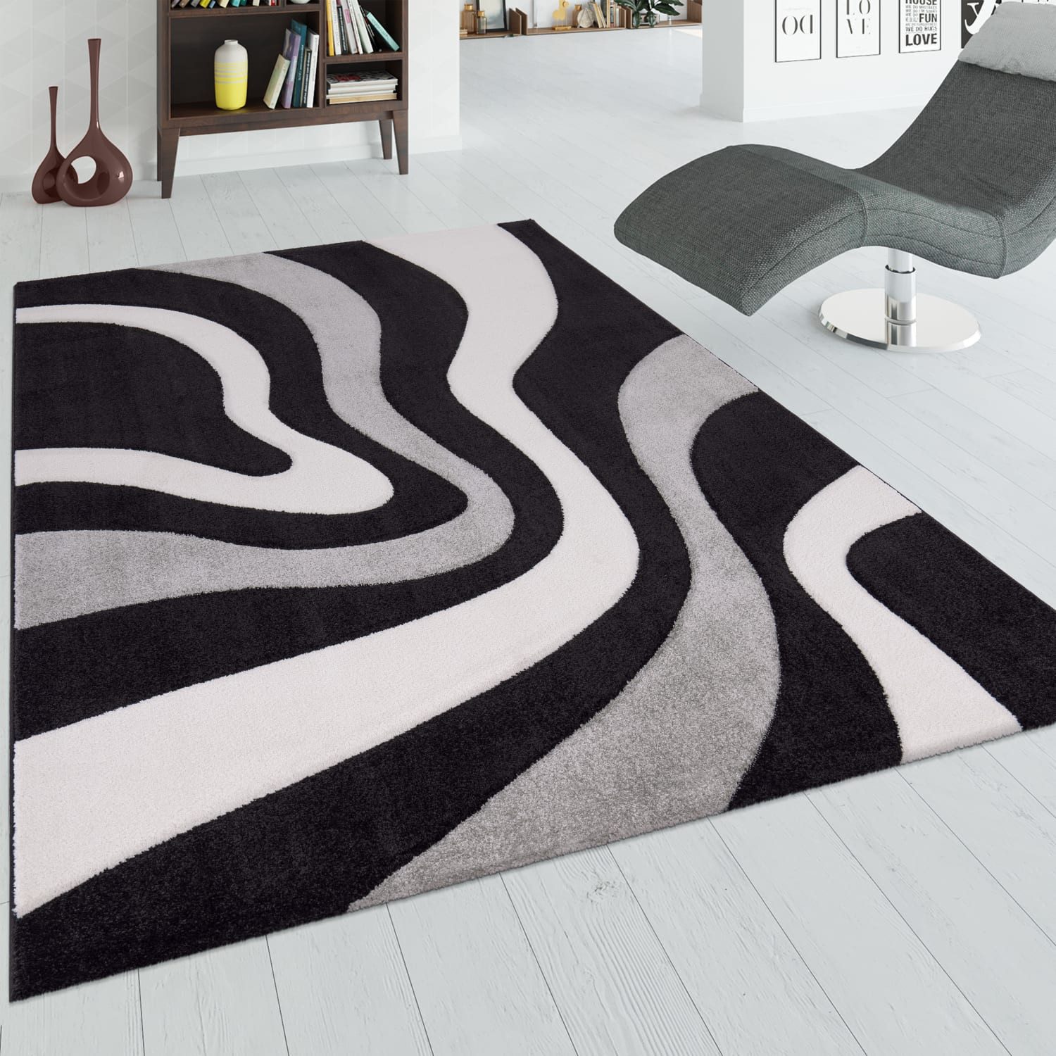 KADIMA DESIGN Teppich Abstrakt Wohnzimmer schmutzabweisend Teppich Kurzflor, Läufer, Höhe: 17 mm, Florhöhe: 13 mm, 100% Polypropylen, Rechteckig, 60x110cm, Schwarz