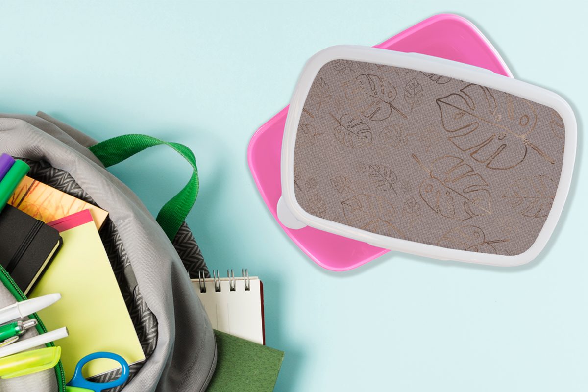 MuchoWow Lunchbox - Mädchen, Erwachsene, Kunststoff Muster für Kinder, Kunststoff, Brotbox rosa - Bronze Blätter, (2-tlg), Lila - Brotdose Snackbox