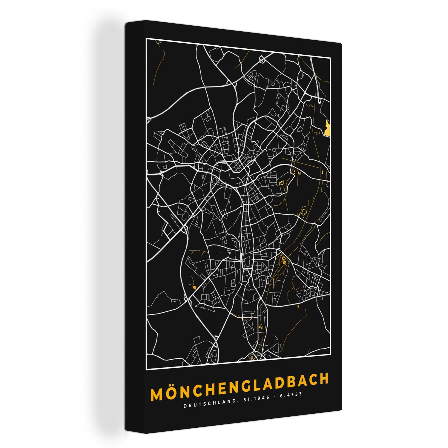 - 20x30 Leinwandbild bespannt St), Mönchengladbach inkl. Deutschland, Gemälde, Stadtplan OneMillionCanvasses® Gold - Zackenaufhänger, (1 fertig - Leinwandbild Karte - cm