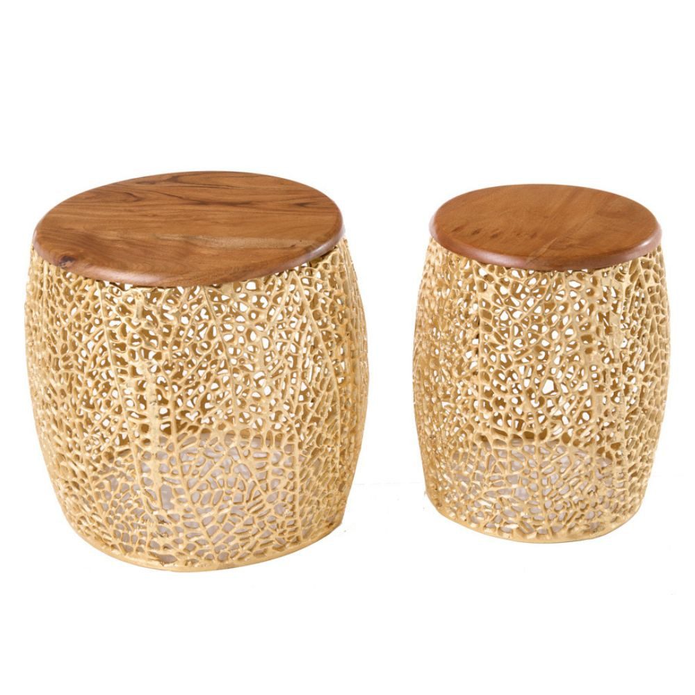 LebensWohnArt Couchtisch Extravagantes 2er Set Couchtisch RIXOS gold Metall Akazie