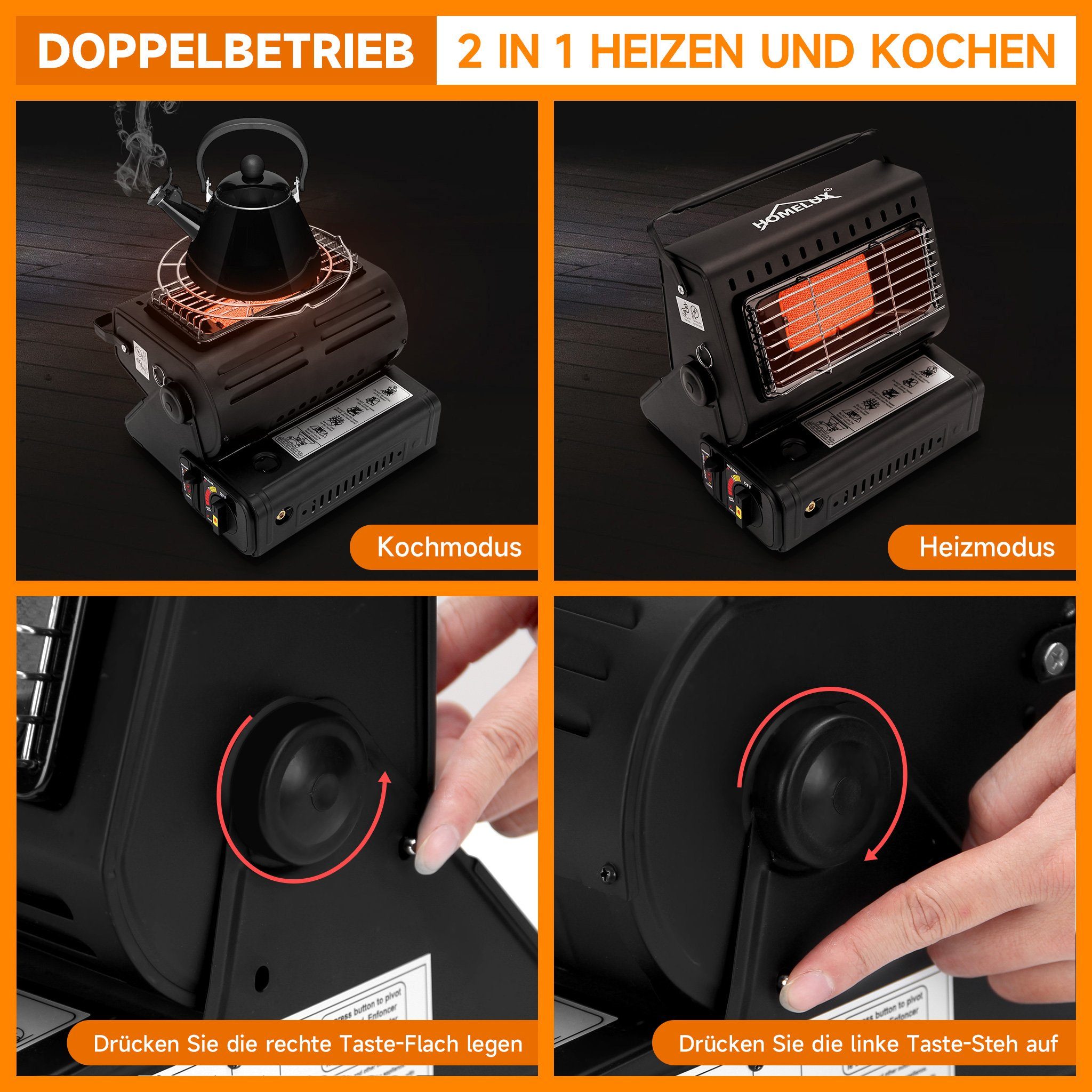 HOMELUX Heizstrahler 1700W 2in1 Tragbare Gasheizstrahler Strom, Gasheizung Camping, Heizung Gasheizer, Gasheizung innenräume Gasheizung, für Outdoor, Ohne 1700 W