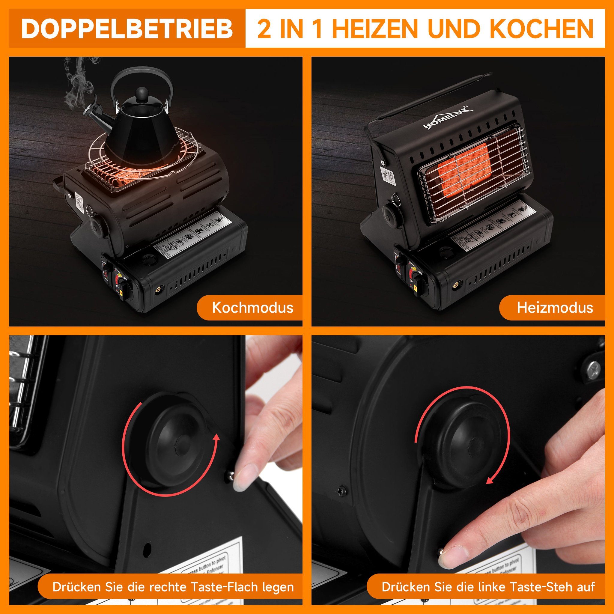 HOMELUX Heizstrahler 1300W 2in1 Tragbare Gasheizung, günstig online kaufen