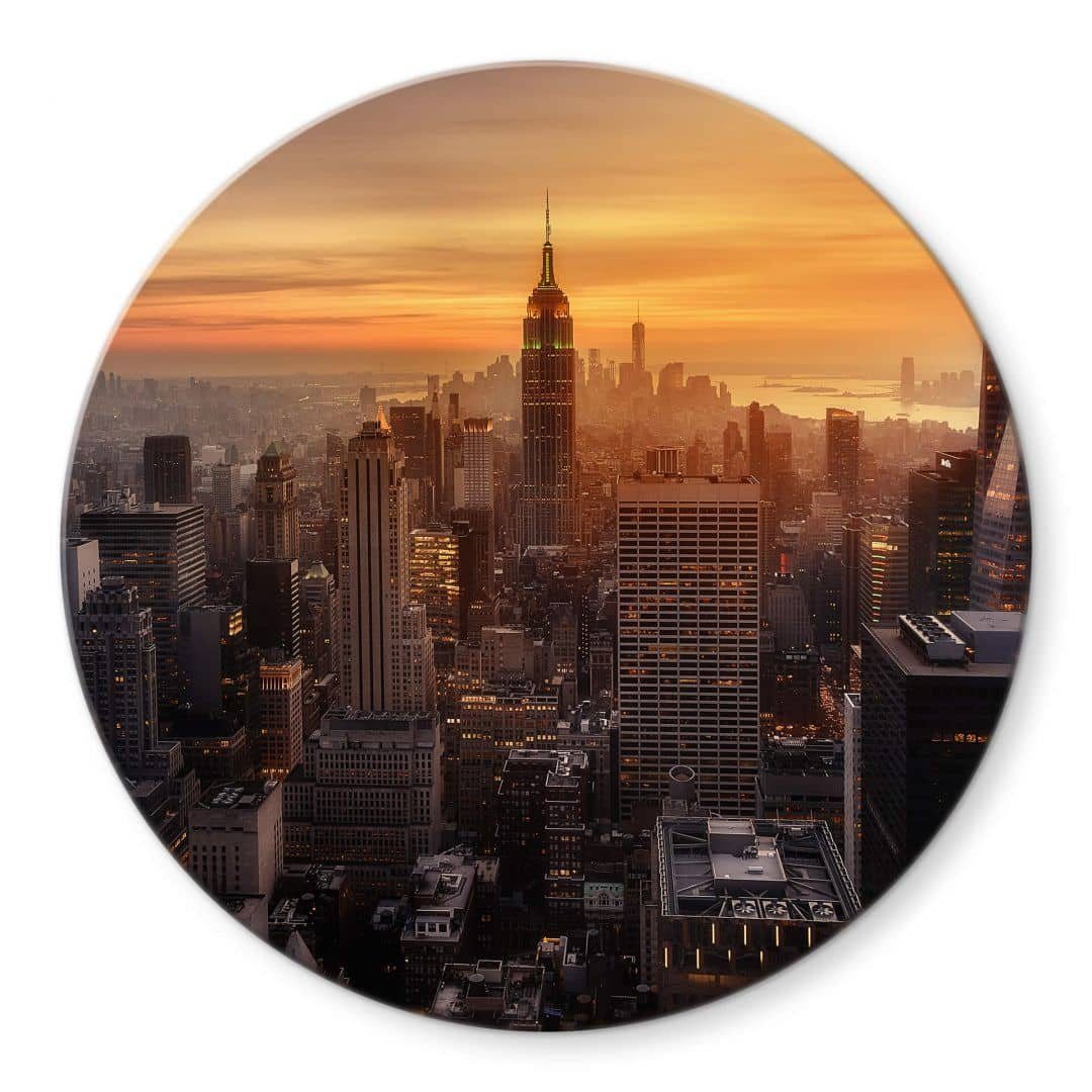 K&L Wall Art Glasbild Glas Wandbild Rund Glasbild Ruiz Dueso New York Sonnenuntergang, Wandschutz Deko Bilder