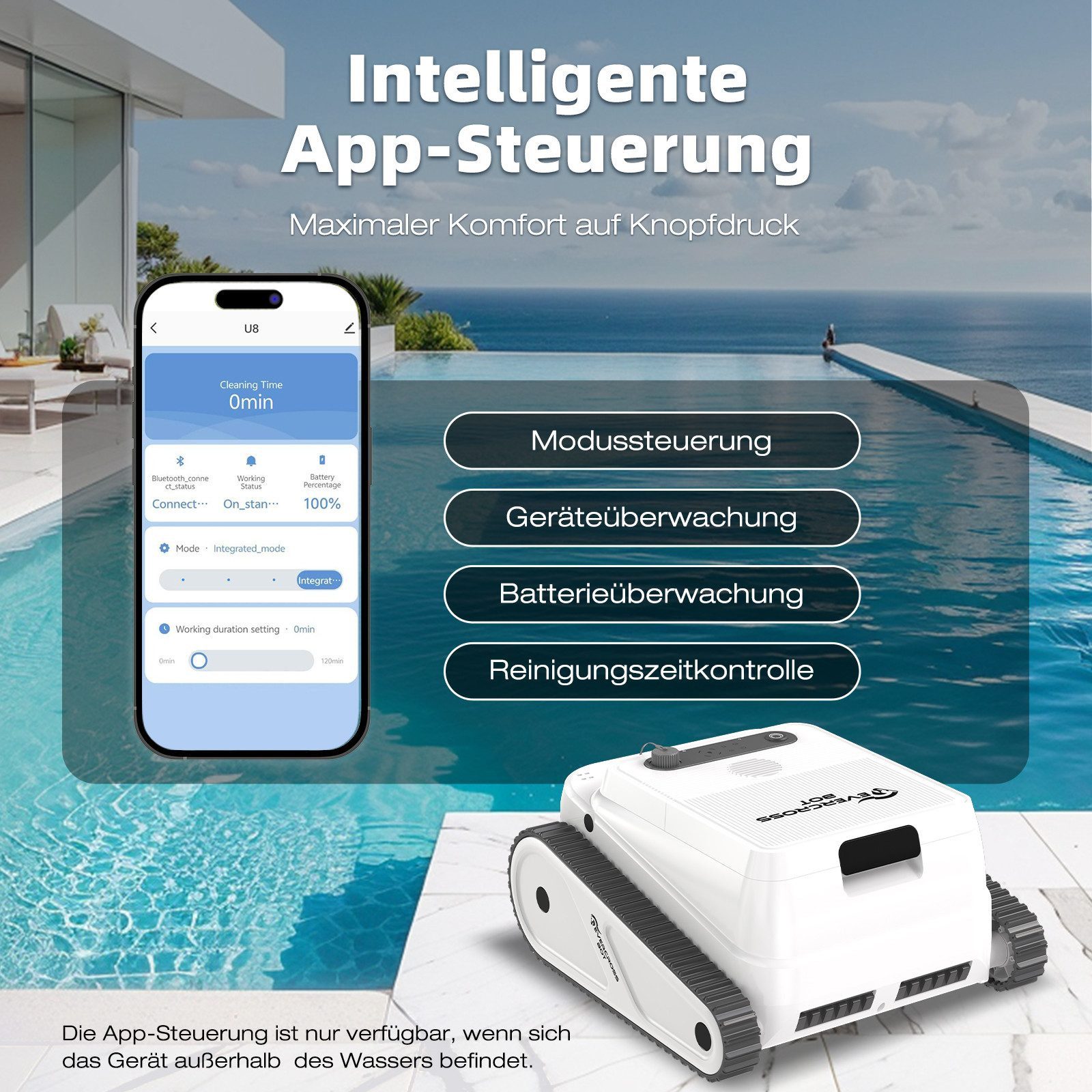 EVERCROSS BOT Poolroboter U8 für Boden und Wand, Kabellos Poolsauger bis 200m² Pools, 120 Min Akkulaufzeit, Intelligenter Navigation, mit App-Steuerung