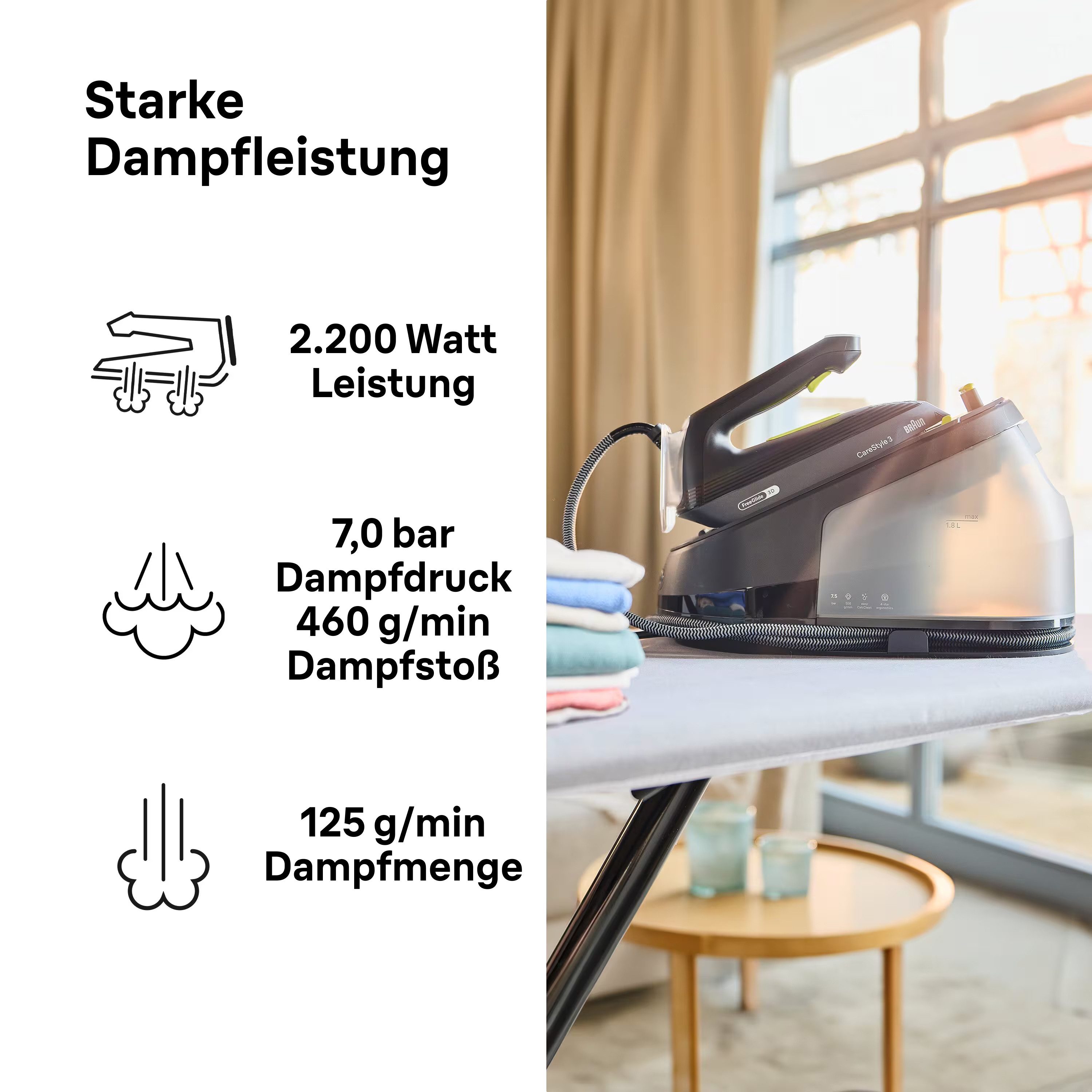 Braun Dampfbügelstation CareStyle 3 IS 3257 BK - 7,5 bar, 500 g Dampfstoß, 1,8 l Wassertank, 1800 ml Wassertank, 130 g Dampfmenge, EloxalPlus Bügelsohle, Easy C – Bild 4 von 5