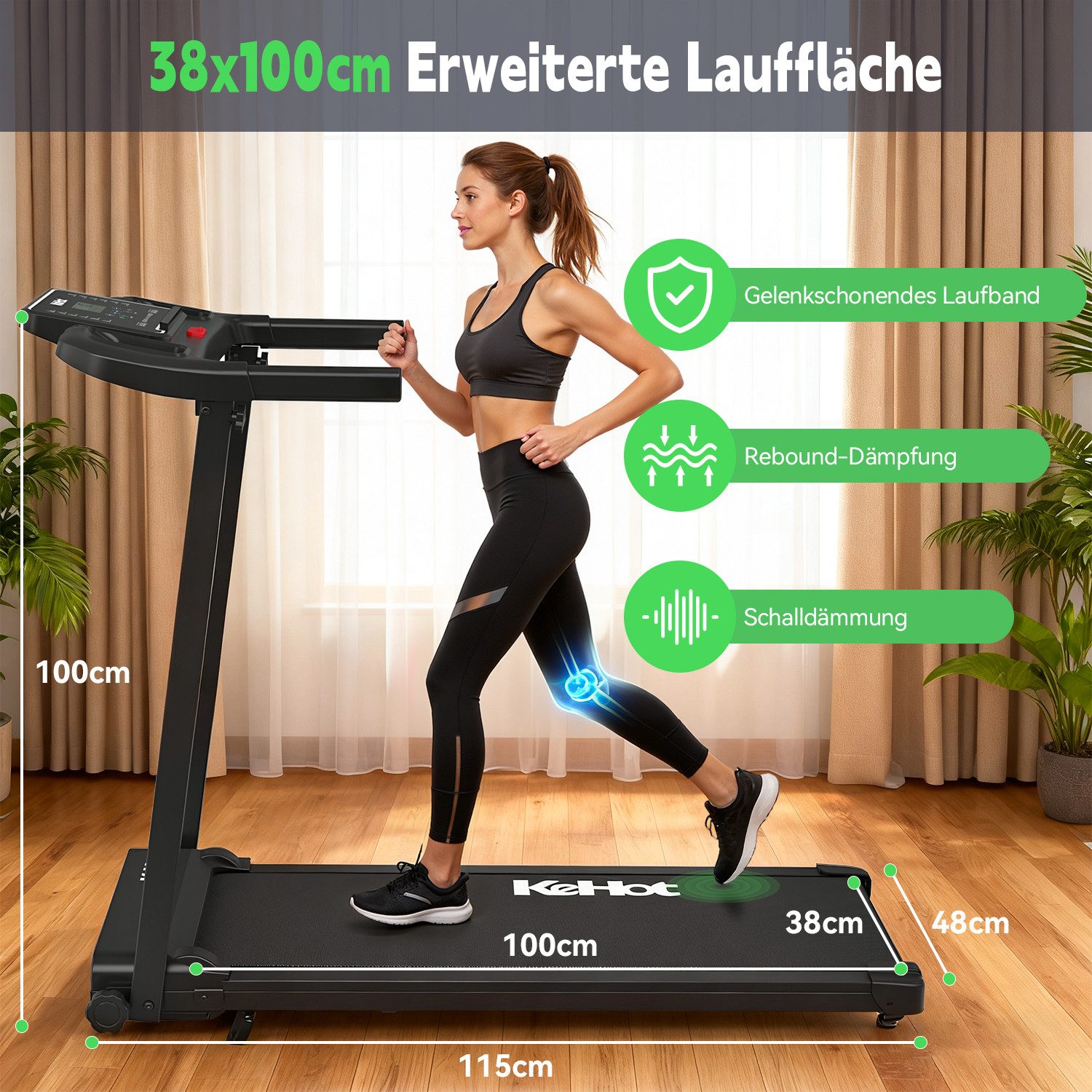 kehot Laufband Kompaktes Laufband für Zuhause – 1–12 km/h & 8% Steigung (Bluetooth App Steuerung – 12 Trainingsprogramme für Cardio, Leise & Gelenkschonende Lauffläche – Shock Absorption System), Platzsparend & Klappbar – Ideal für Homegym & kleine Räume