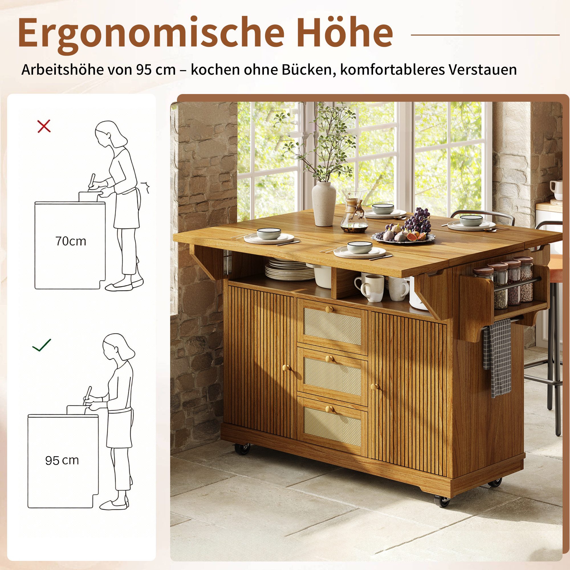 i@home Kücheninsel Küchenwagen Rattan Bartisch mit ausklappbaren Seiten, (Servierwagen mit Rattan-Schubladen), Barwagen für Balkon & Camping, Natur
