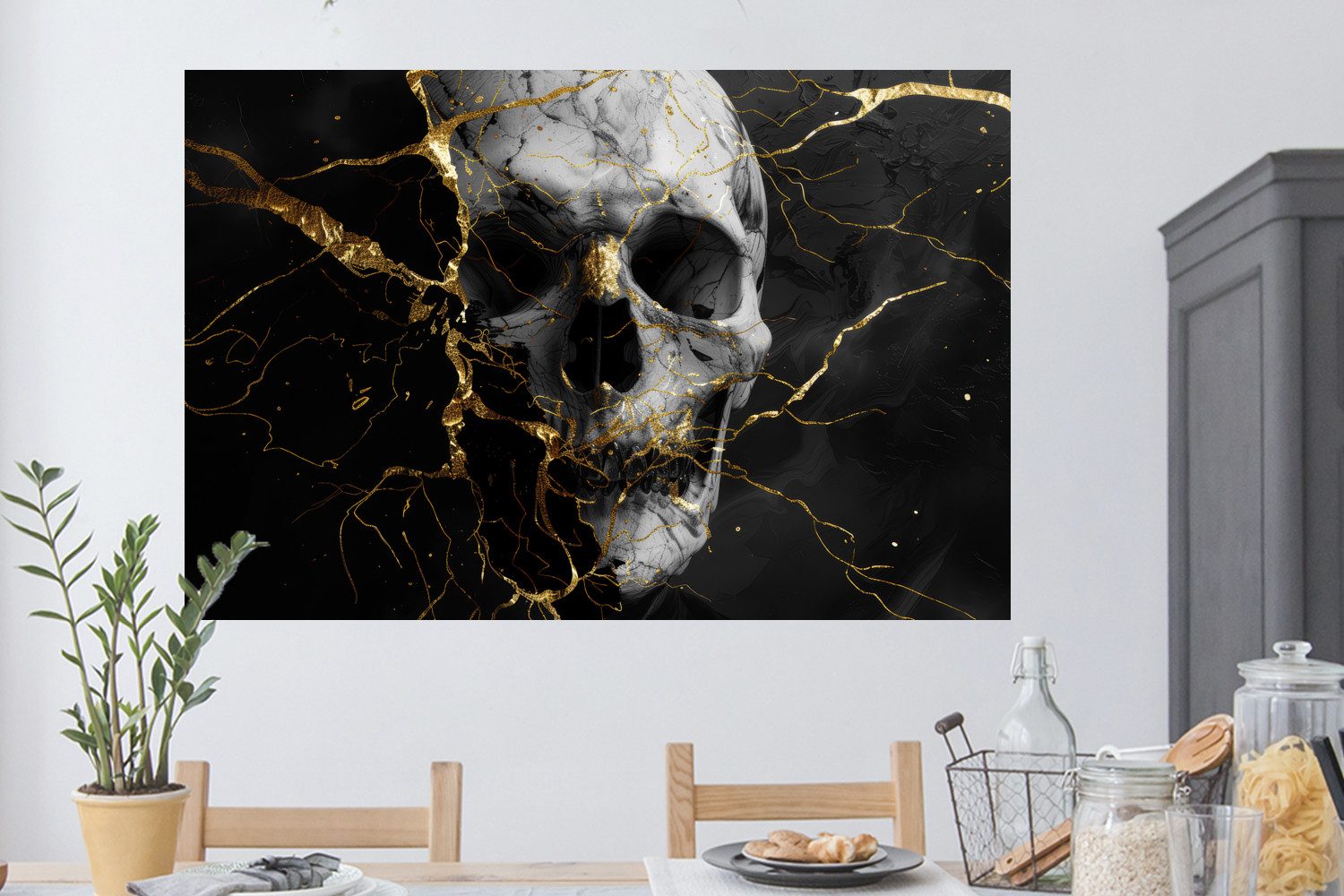 MuchoWow Wandsticker Gold - Abstrakt - Totenkopf - Gruselig - Tod (1 St), Wanddeko, Aufkleber, Wandtattoo, 120x80 cm