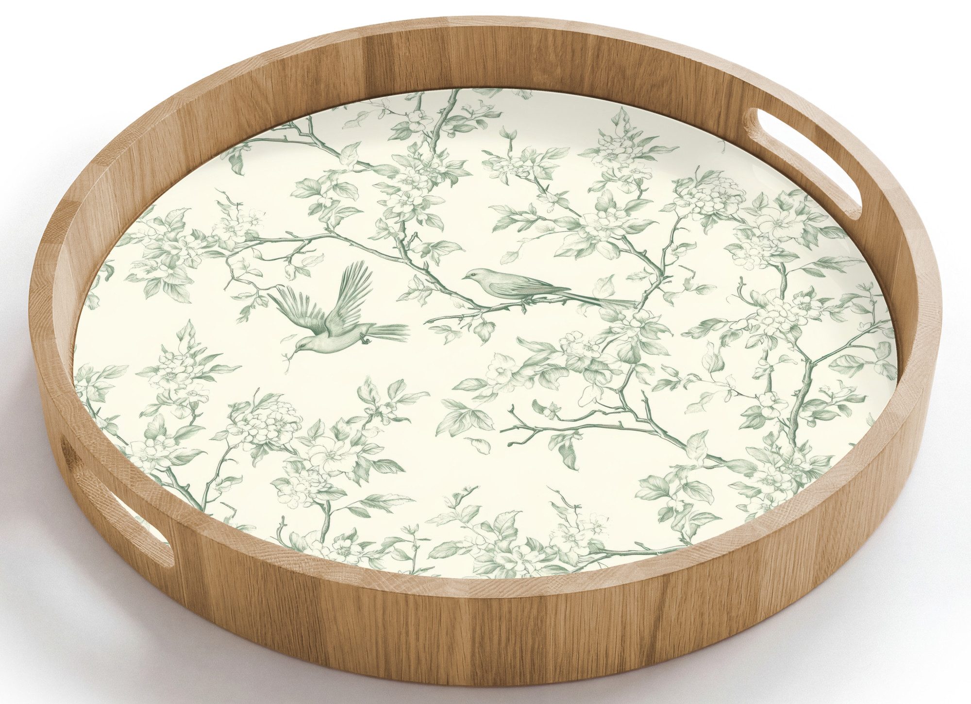 OnlyWow Tablett Rund mit Henkel Klassisch - Vögel - Grün, Eichenholz, (1-tlg), Siervierplatte, Tray, Frühstücksbrett