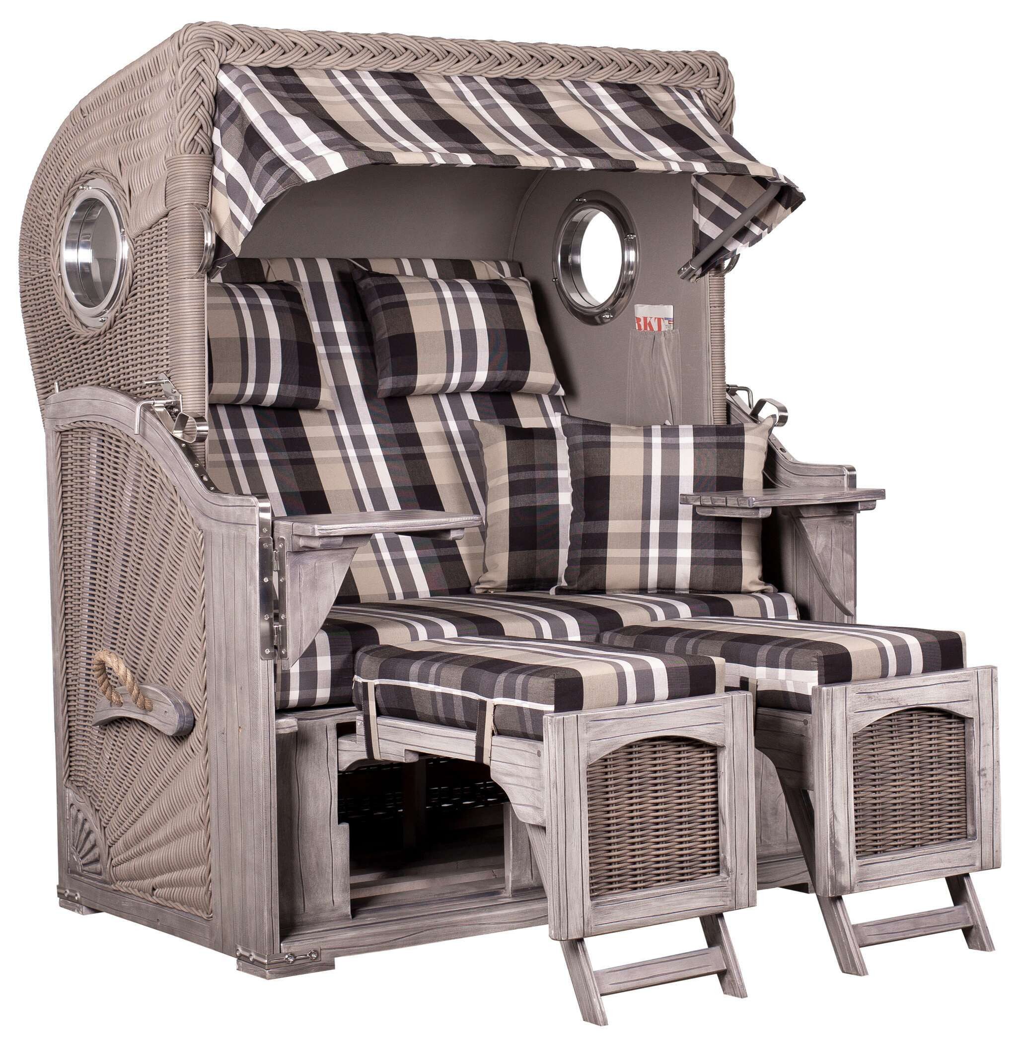 MR.DEKO Strandkorb 2-Sitzer Düne Koboo Graues Holz, Volllieger mit Bullauge, BxTxH: 125x80x170 cm, Volllieger, Düne, (Fertig montierter Strandkorb für Garten, Terrasse & Balkon), Wetterfester Volllieger mit Edelstahlbeschlägen & waschbaren Polstern
