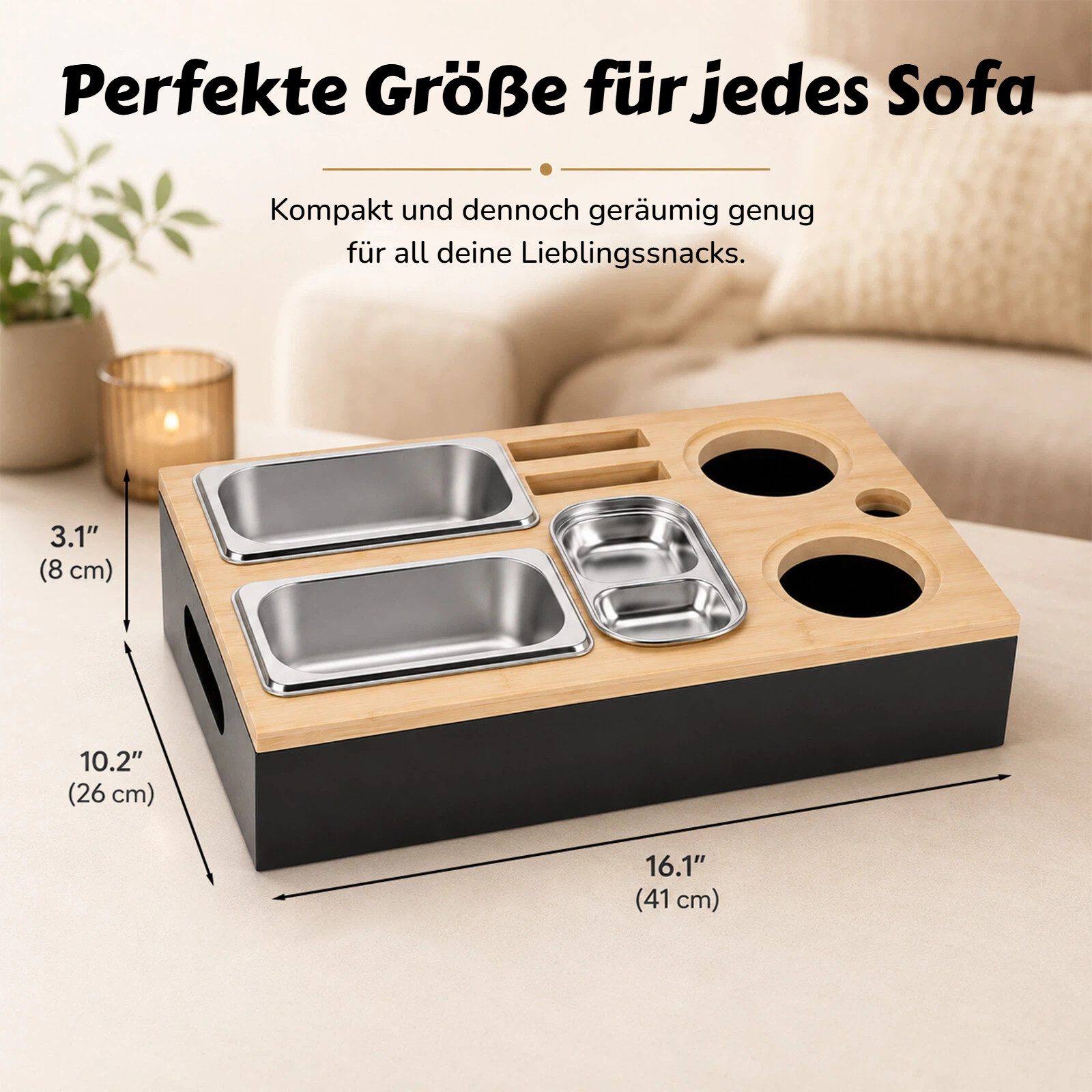 BlingBin Tabletttisch Sofa Tablett, Couchbar Snackbox, Mit Snackschalen Aus Edelstahl (1er Set, 1-St., 1 Stück), Couch Tablett für Wohnzimmer Schlafzimmer Garten Camping