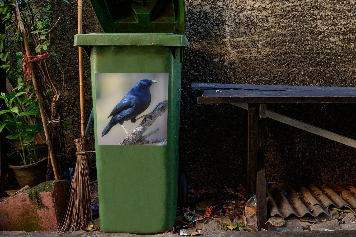 St), Abfalbehälter Laubenvogel (1 Wandsticker Sticker, Container, Zweig Mülleimer-aufkleber, einem Blauer auf Mülltonne, MuchoWow