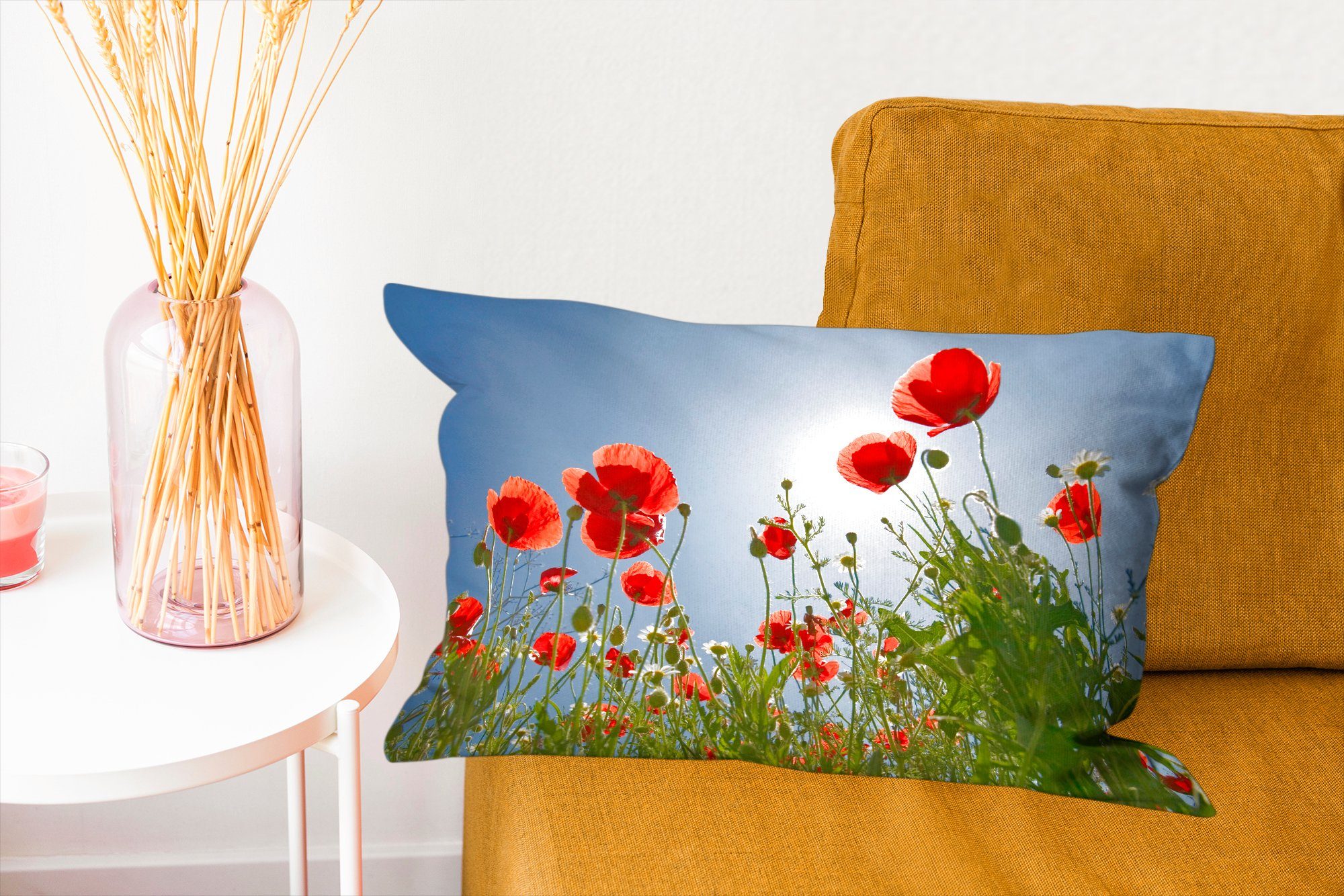 mit Sonne Dekokissen Dekokissen MuchoWow über einigen Schlafzimmer Zierkissen, Wohzimmer Strahlende in Spanien, Mohnblumen Füllung, Dekoration,