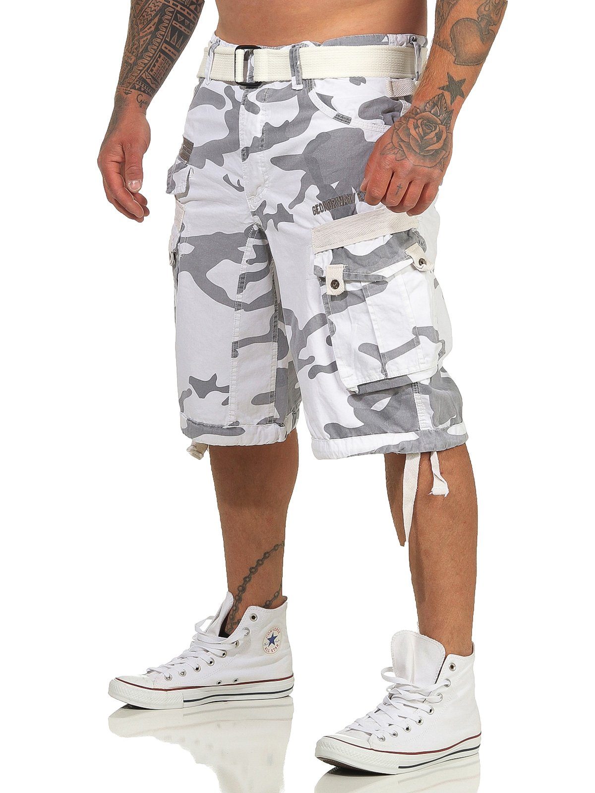 Geographical Norway Cargoshorts Herren Shorts Hose, Shorts, / camouflage (mit PANORAMIQUE Gürtel) unifarben kurze weiß abnehmbarem