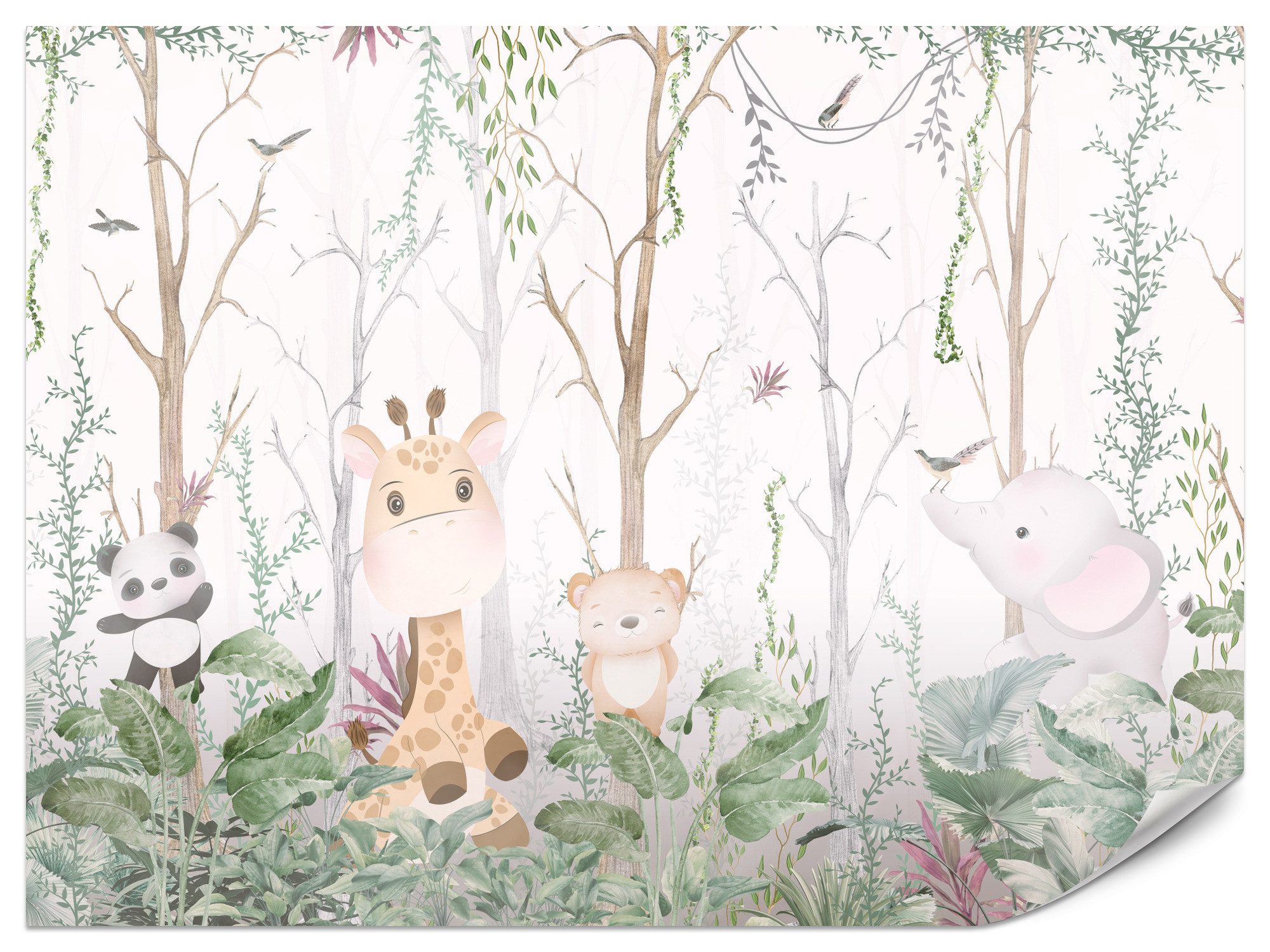 Muralo Fototapete Vliestapete - Niedliche Dschungeltiere im hellen Wald, Glatt, Grafisch, (Packung, 1 St., 100x70 cm), Kleber im Set, 3D-Optik, Wohnzimmer-Dekoration
