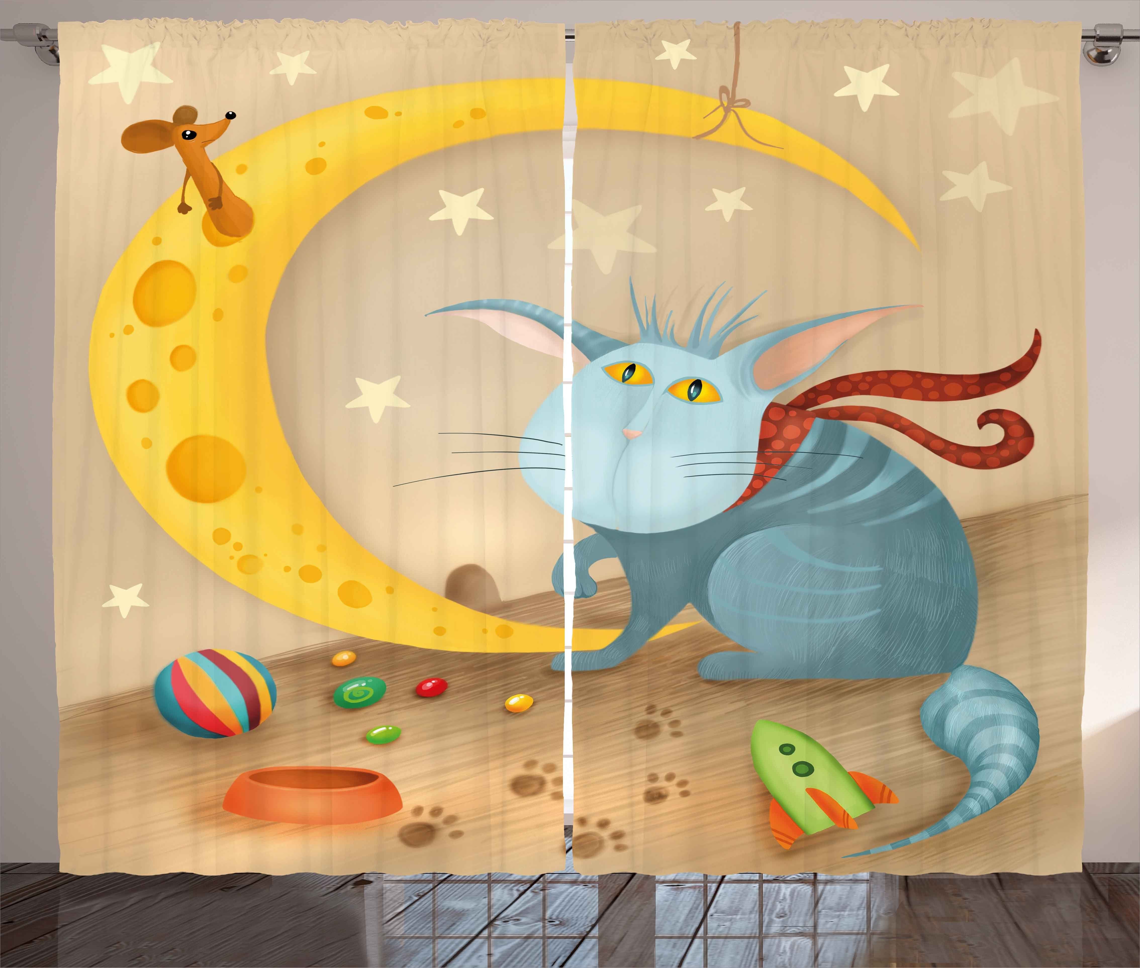 Gardine Schlafzimmer Kräuselband Vorhang mit Schlaufen und Haken, Abakuhaus, Lustig Katze Maus Crescent Moon