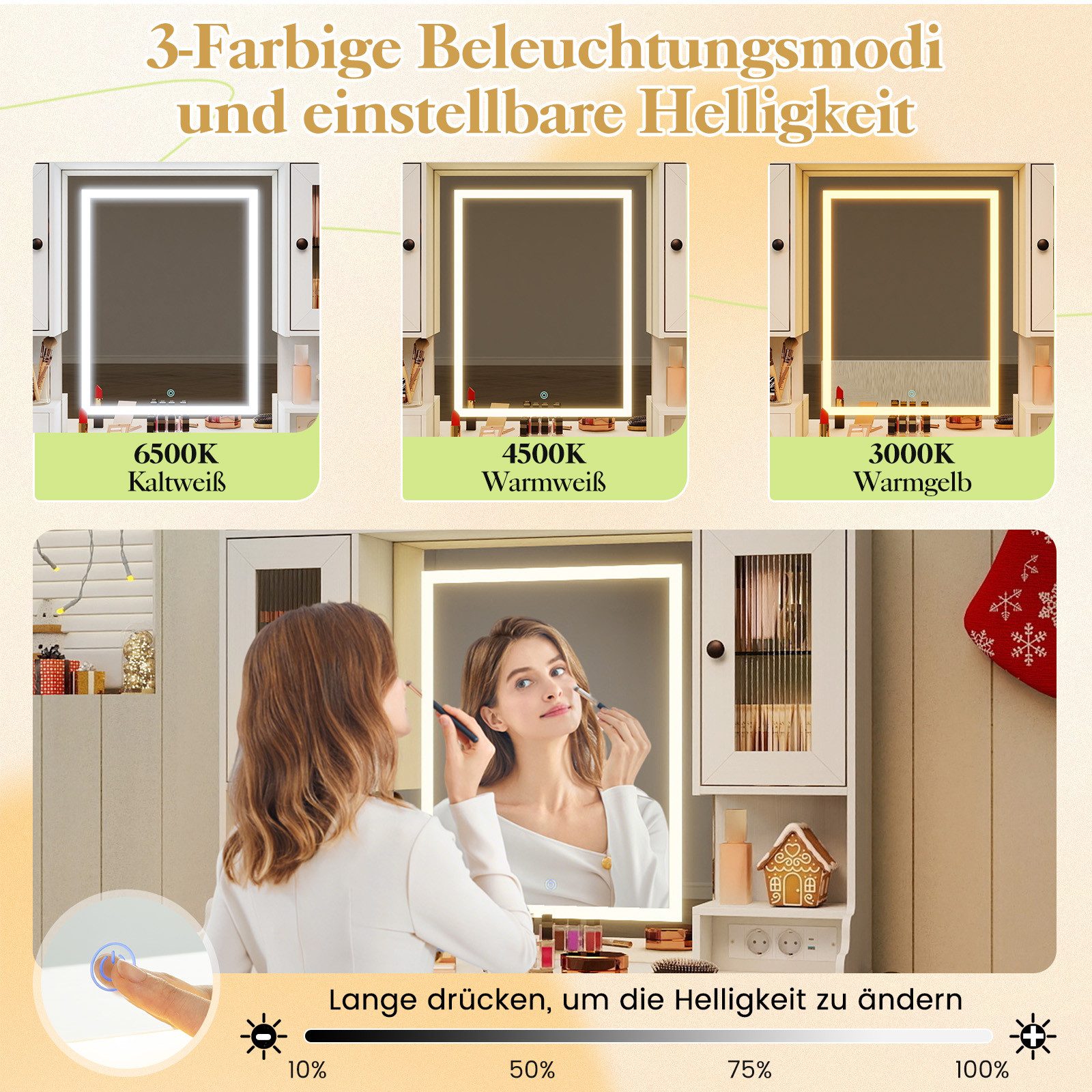 COSTWAY Schminktisch (1-St), Frisierisch, mit Spiegel, Steckdosen, 3 Farbmodi