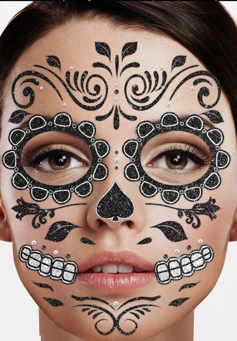 Zoelibat Schmuck-Tattoo Halloween Gesichts-Tattoo „Skelett“, Schwarz Glit