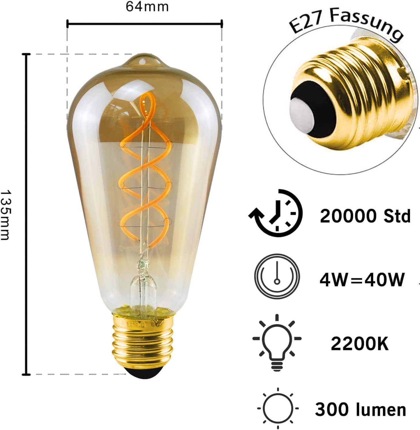 ZMH LED-Leuchtmittel LED Edison Glühbirne E27 Vintage Glühlampe Dekorativ ST64 Antike Bulb, E27, 3 St., Warmweiß, transparente/Bernsteinglas Vintage Tropfenmuster Glühbirne