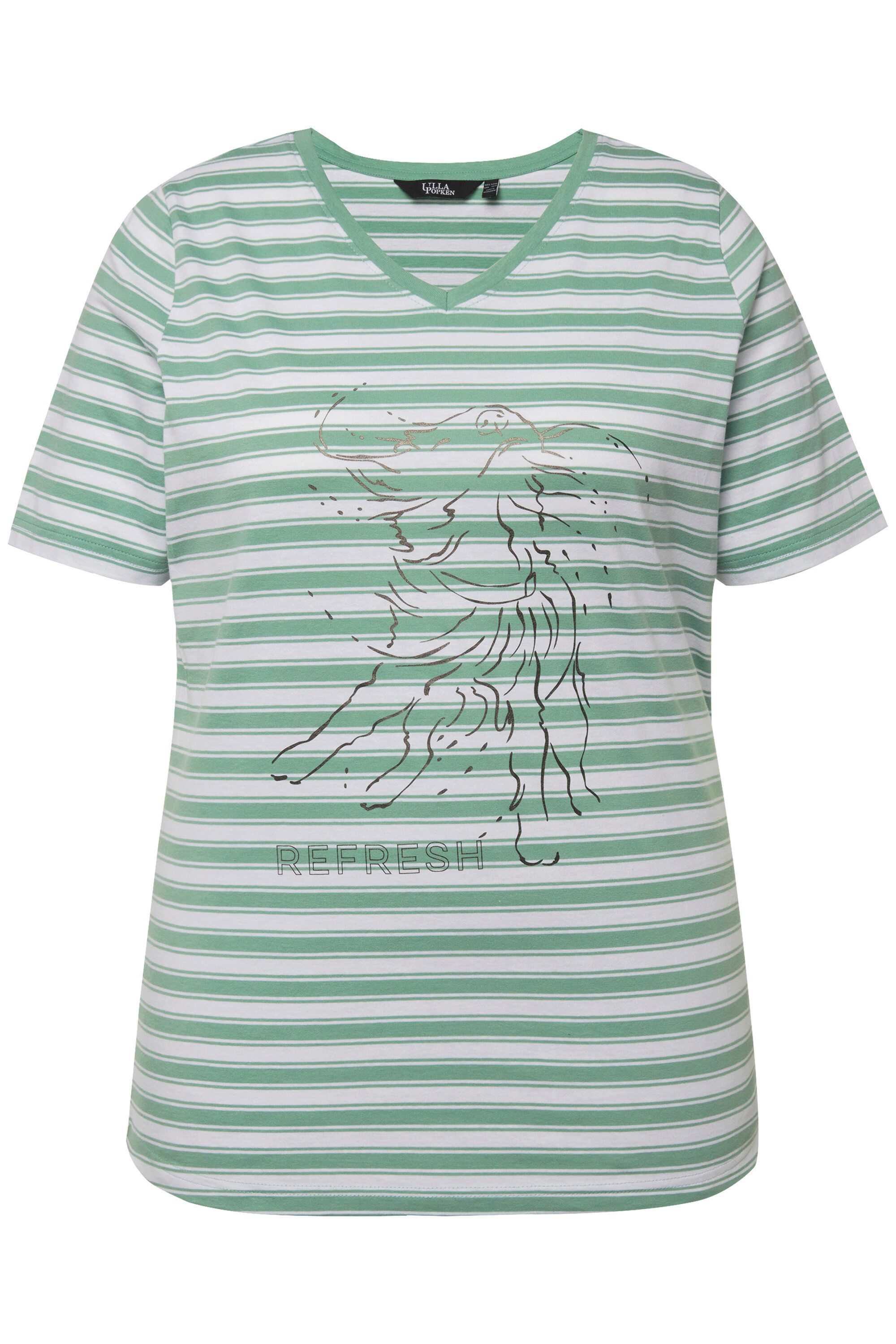 Ulla Popken T-Shirt T-Shirt Ringel Metallic-Tiermotiv V-Ausschnitt günstig online kaufen