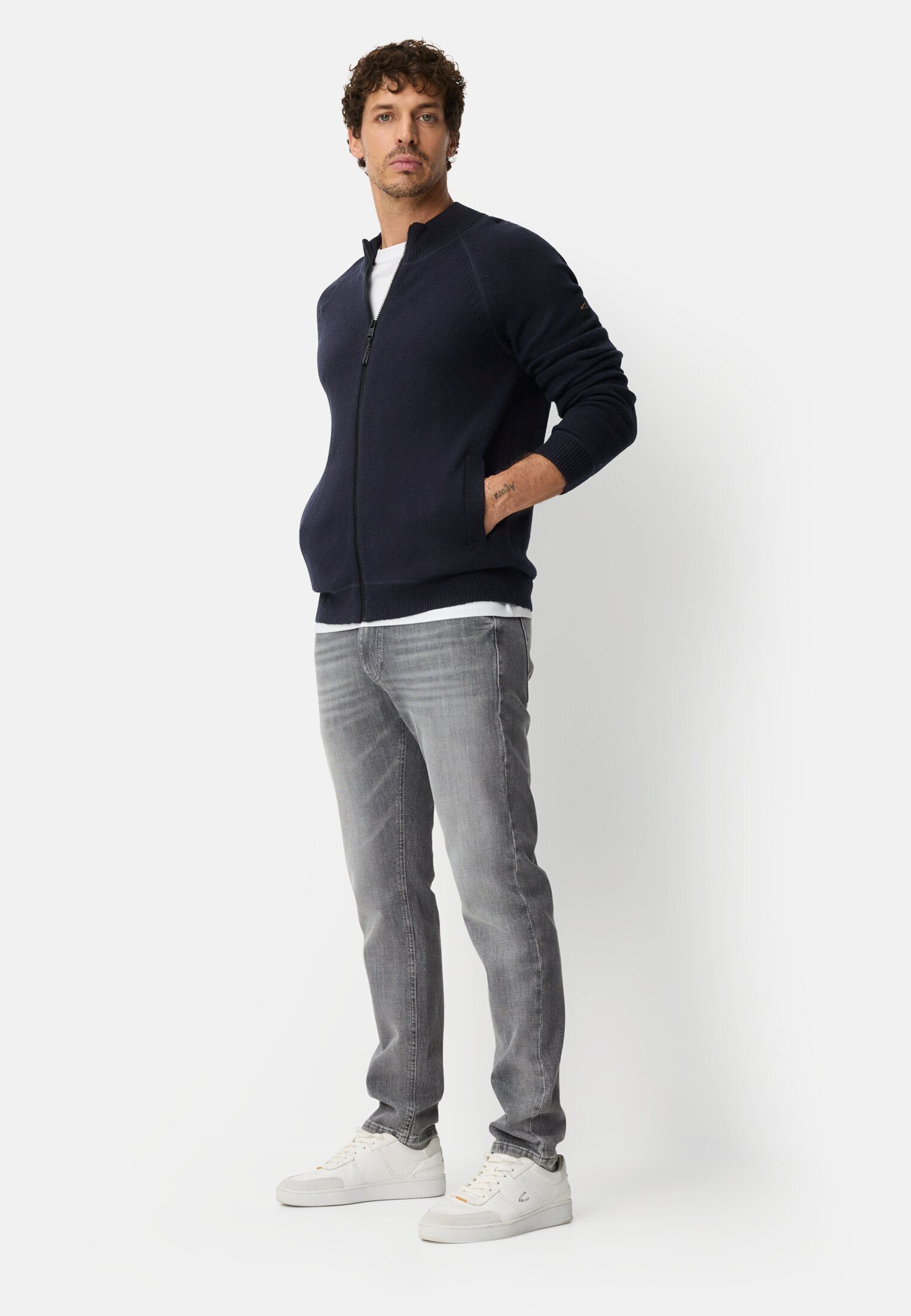 camel active Strickjacke mit Reißverschluss Langarm Stehkragen