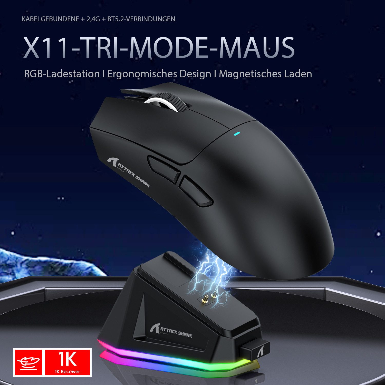 ATTACK SHARK X11 Kabellose Gaming-Maus mit Magnetischer Ladestation Gaming-Maus (2.4G, Bluetooth, kabelgebunden, 1000 dpi)