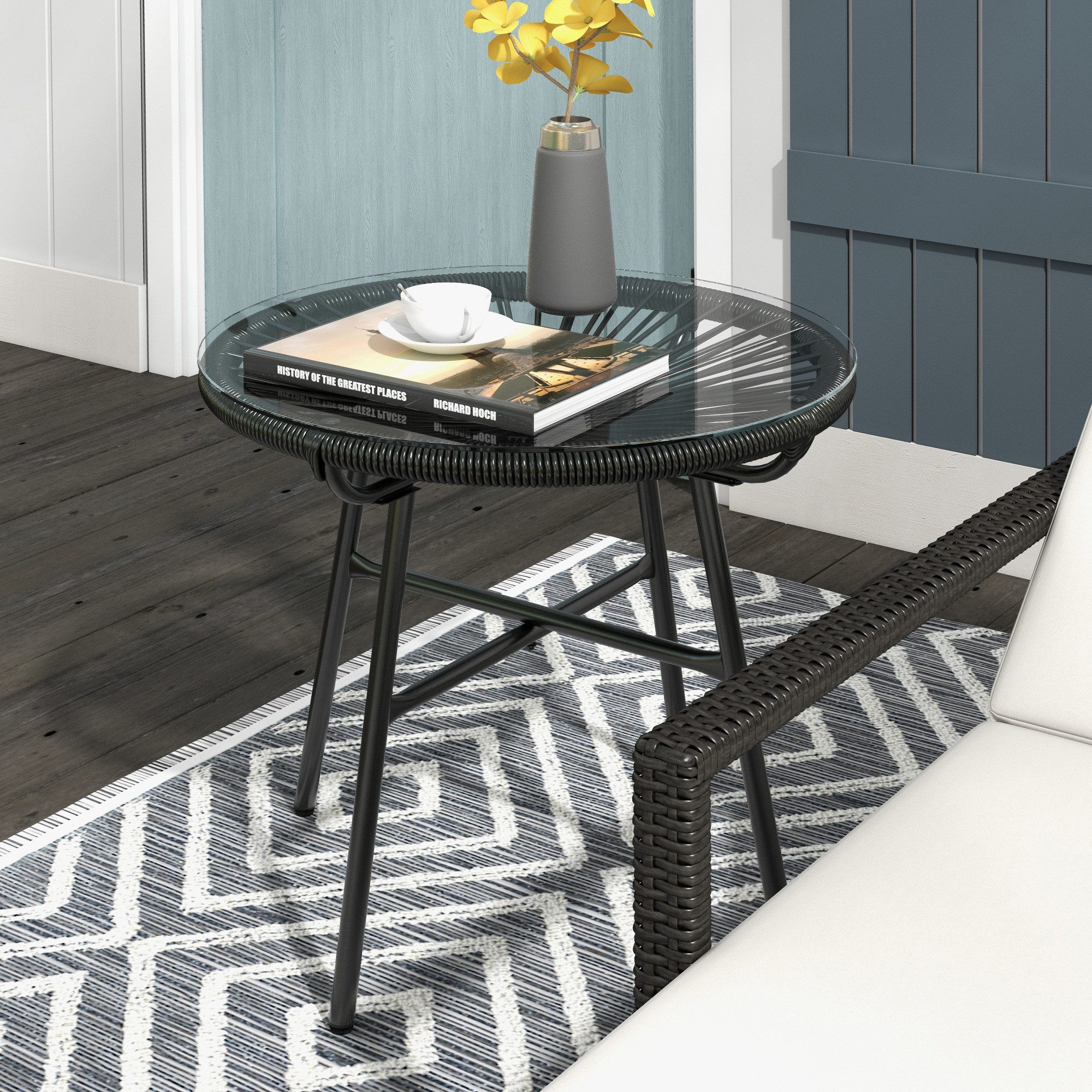 furnicato Gartentisch Rattan Beistelltisch 50x50x50 cm Schwarz im Boho-Stil