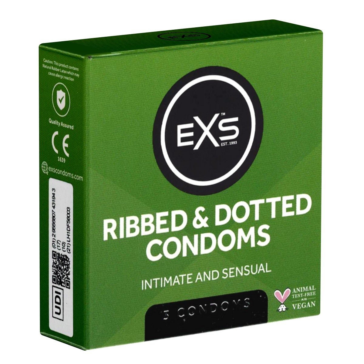 EXS Презервативы Ribbed & Dotted - stimulierende Презервативы mit 3-in-1-Effekt Packung mit, 3 St., extrem erregnde Презервативы mit Rippen und Noppen, gerippt und genoppt für Leidenschaft bis zum Höhepunkt