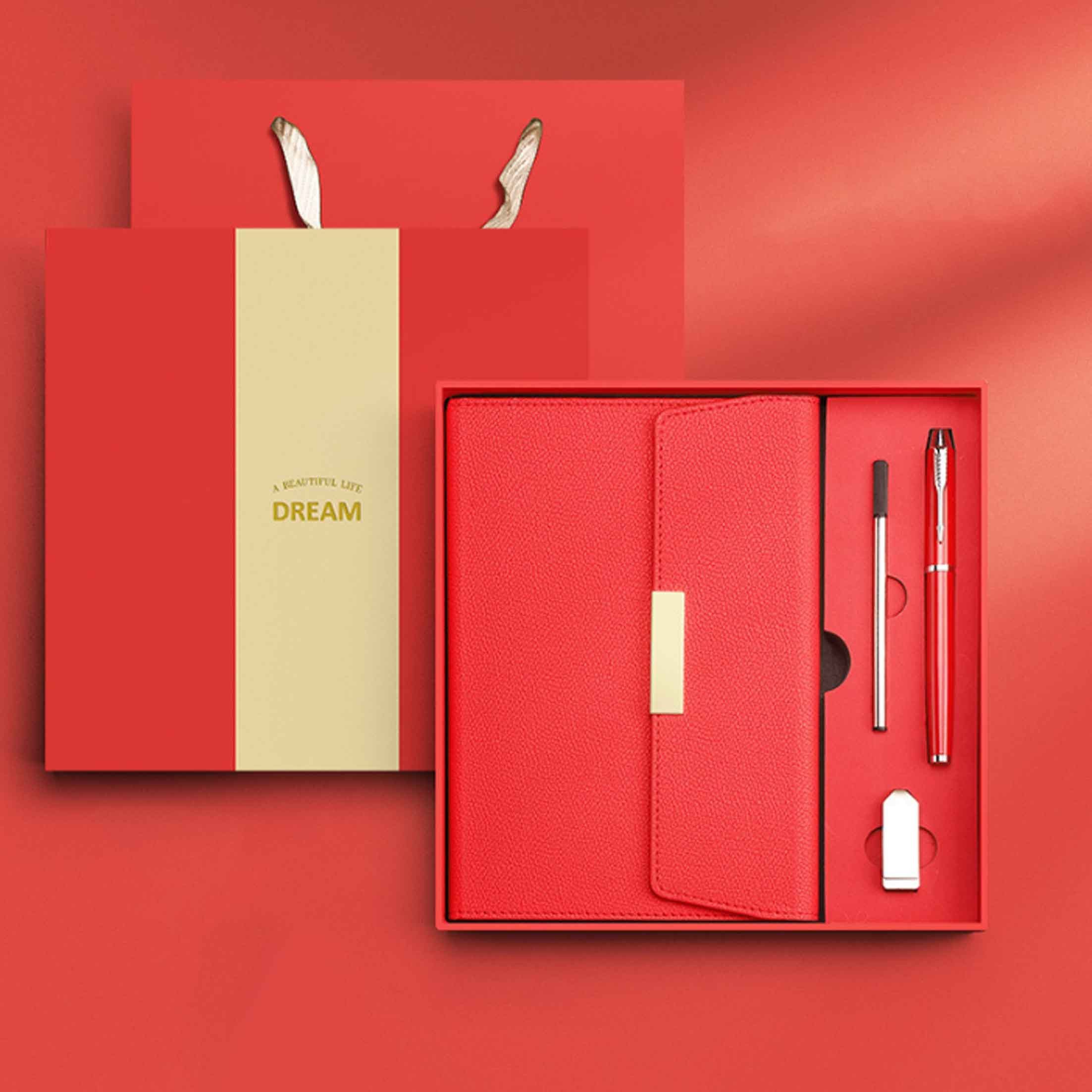 feinlux Notizbuch Business-Notizbuch-Geschenkset mit drei Falten, 80g Schreibpapier, Elastischer Stifthalter, Fadenheftung