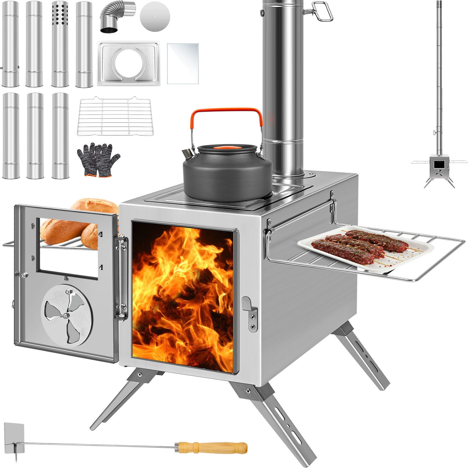 Meulbaty Feuerstelle Heißer Zeltofen, Camping-Holzofen für Zelt, tragbarer Holzofen, (1-St), aus Edelstahl, mit 7 Kaminrohren für Wandzelt-Camping, Kochen