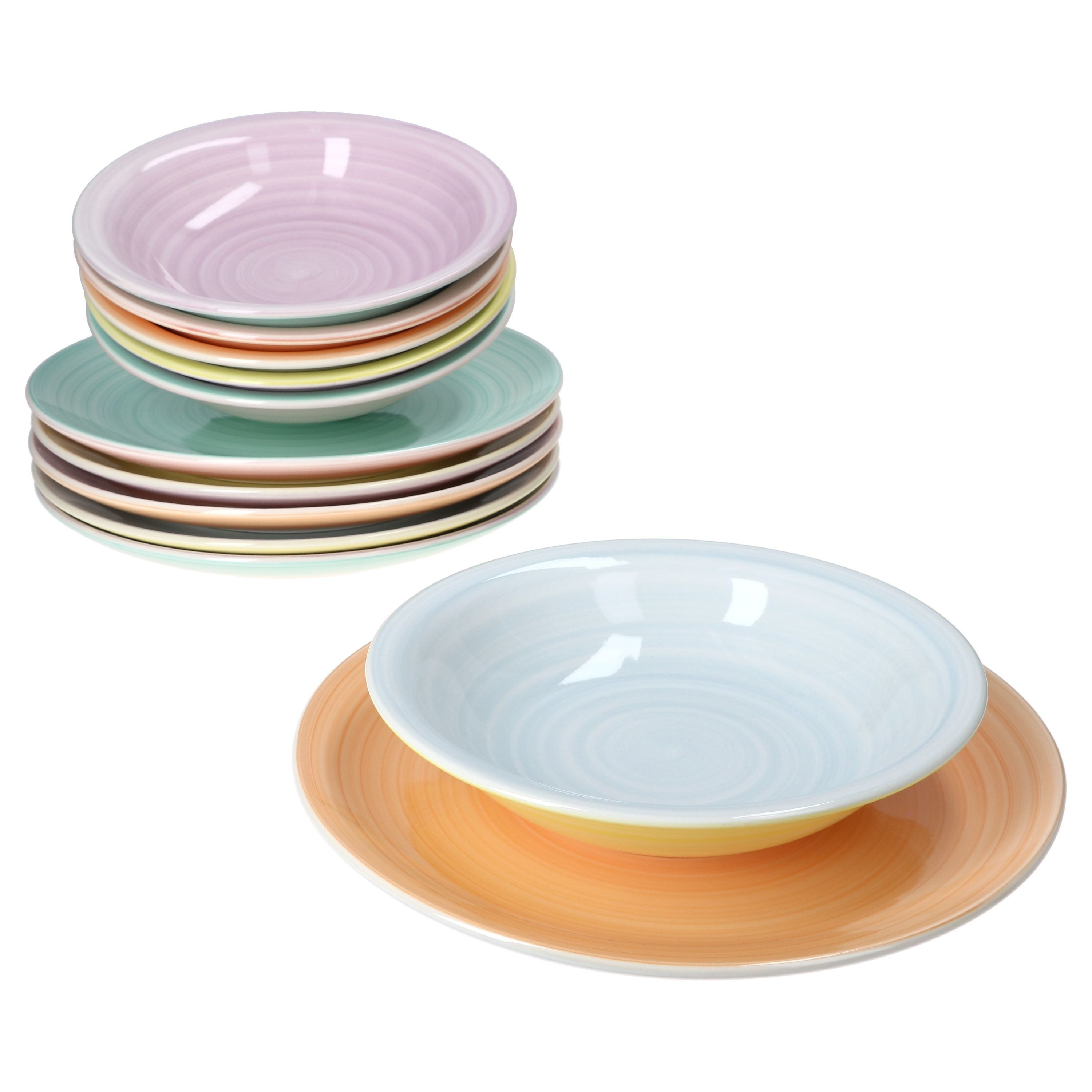 MamboCat Tafelservice Pastello Tellerset 12-tlg Ø 27 cm & Ø 21,3 cm Steingut Pastellfarben, Steingut
