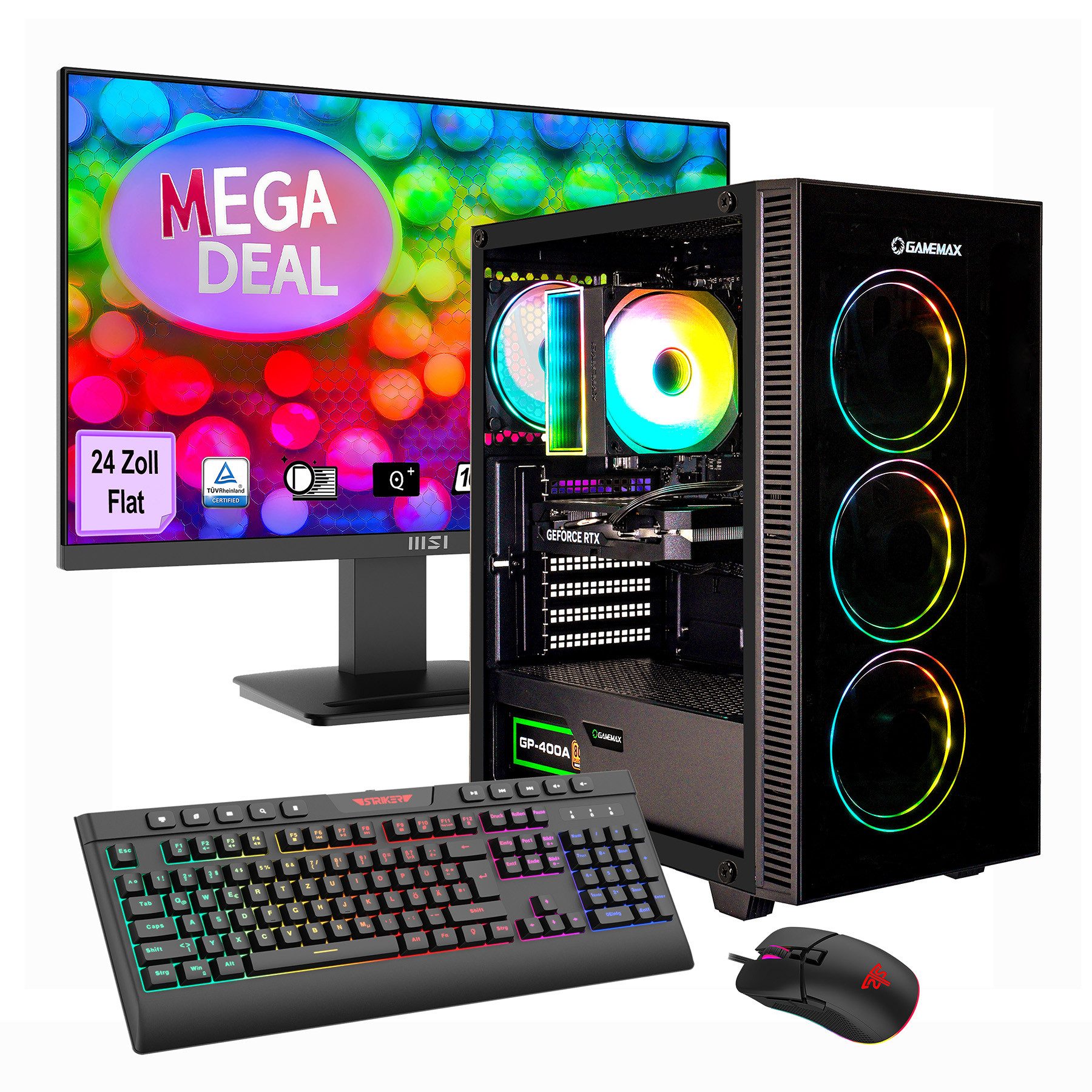 GAMEMAX MegaDeal Draco XD 2692 AMD Ryzen 5 5500 RTX 5060 16GB 1TB SSD Gaming-PC-Komplettsystem (24", AMD Ryzen 5 5500, RTX 5060, 16 GB RAM, 1000 GB SSD, Windows 11 + MSI PRO MP2412DE Monitor 60cm (24)