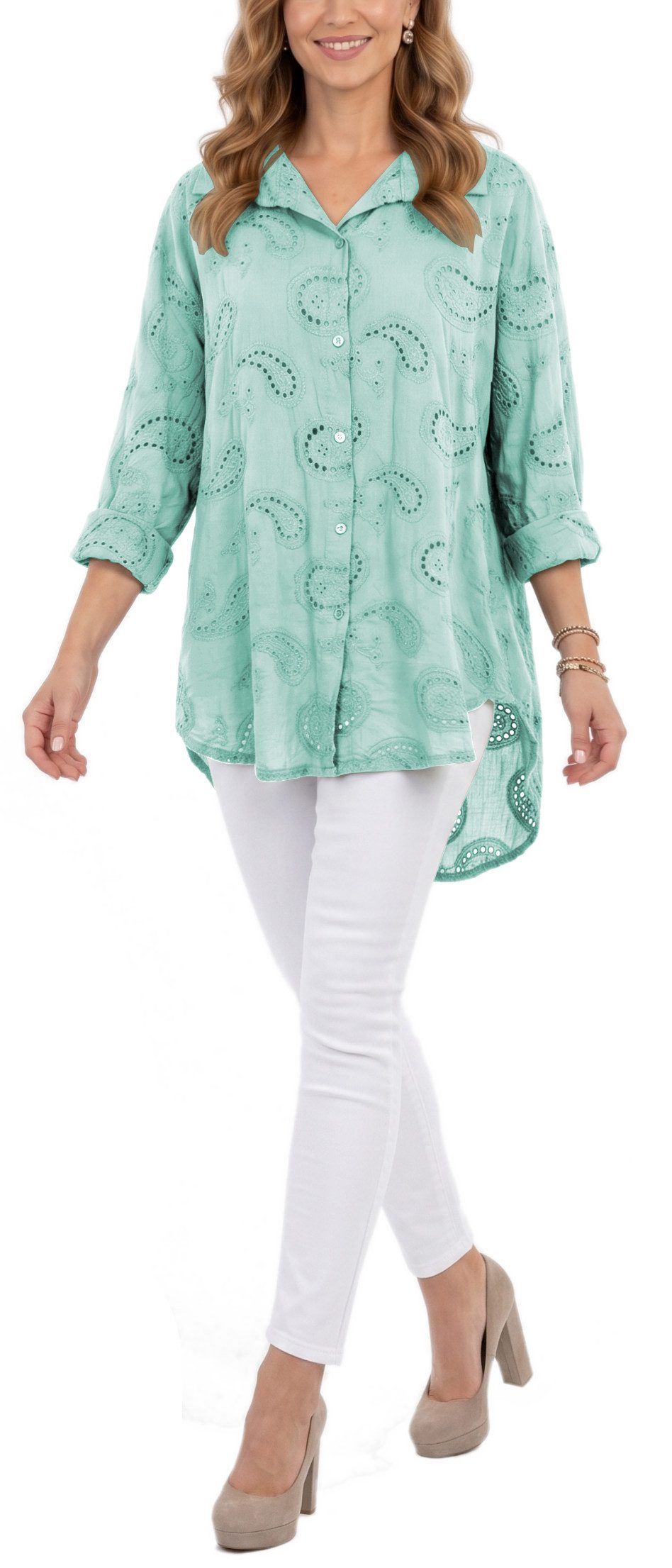 dy_mode Longbluse Damen Longbluse Oversize Tunika Boho Baumwollbluse Sommerbluse in Unifarbe, mit Paisley Lochstickerei, in Vokuhila-Schnitt