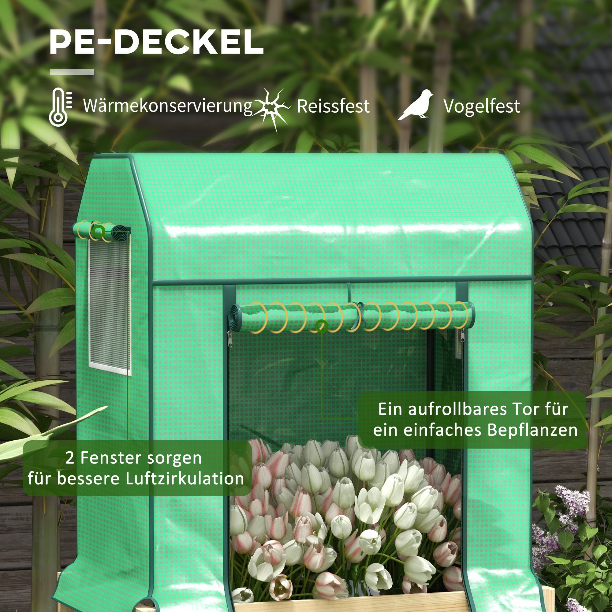 Outsunny Hochbeet Gemüsebeet, Kräuterbeet mit 2 Fenster, Wetterbeständig, UV-beständig (Pflanzkasten, 1 St., Blumenkasten), für Garten, Balkon, Natur+Grün